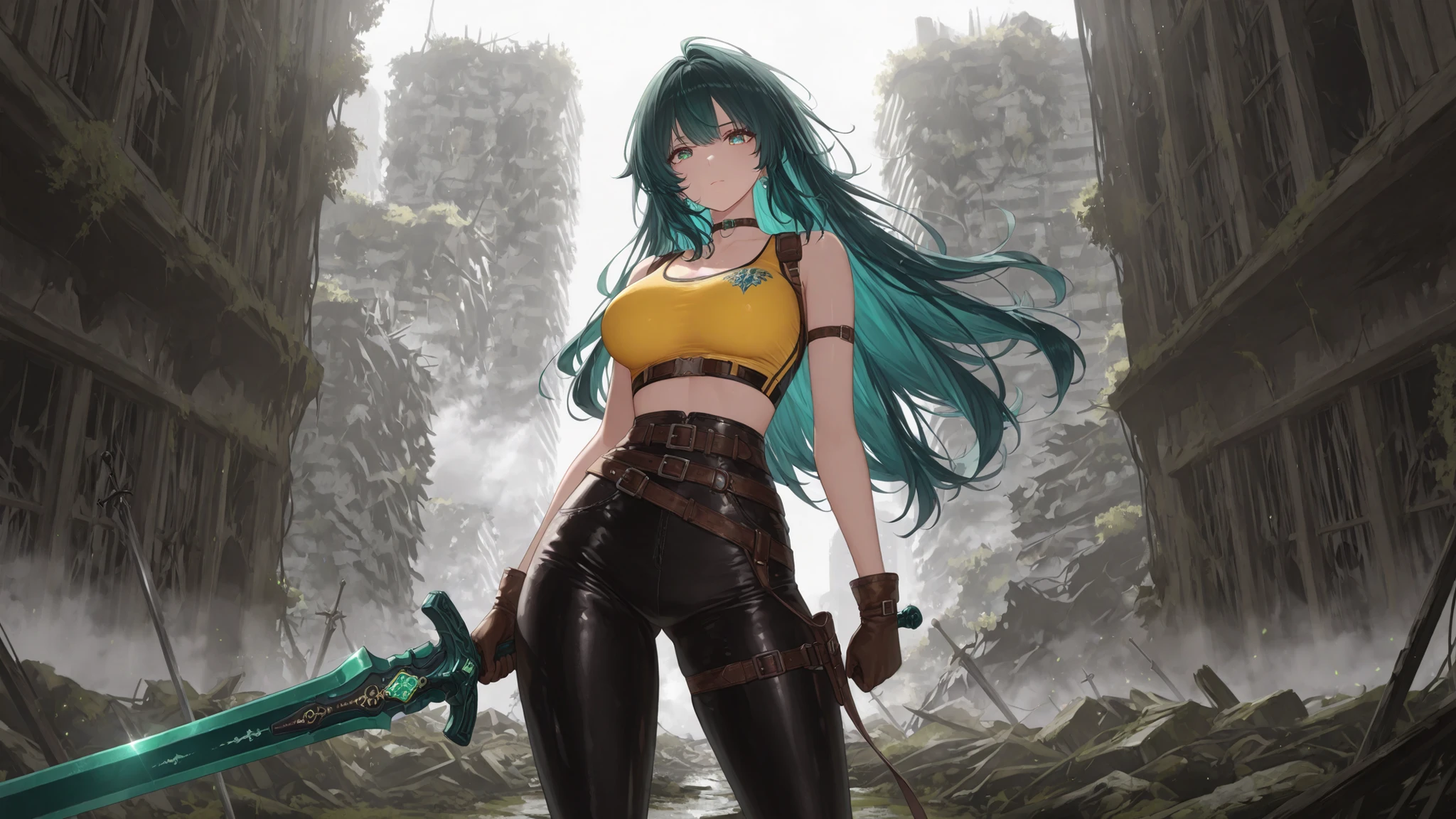 full body, whole body. loincloth standing, hands on hips full body, 1solo (girl). slave fighter, metal sandals, choker, big belt, view from below, feet together, bracers, tiara