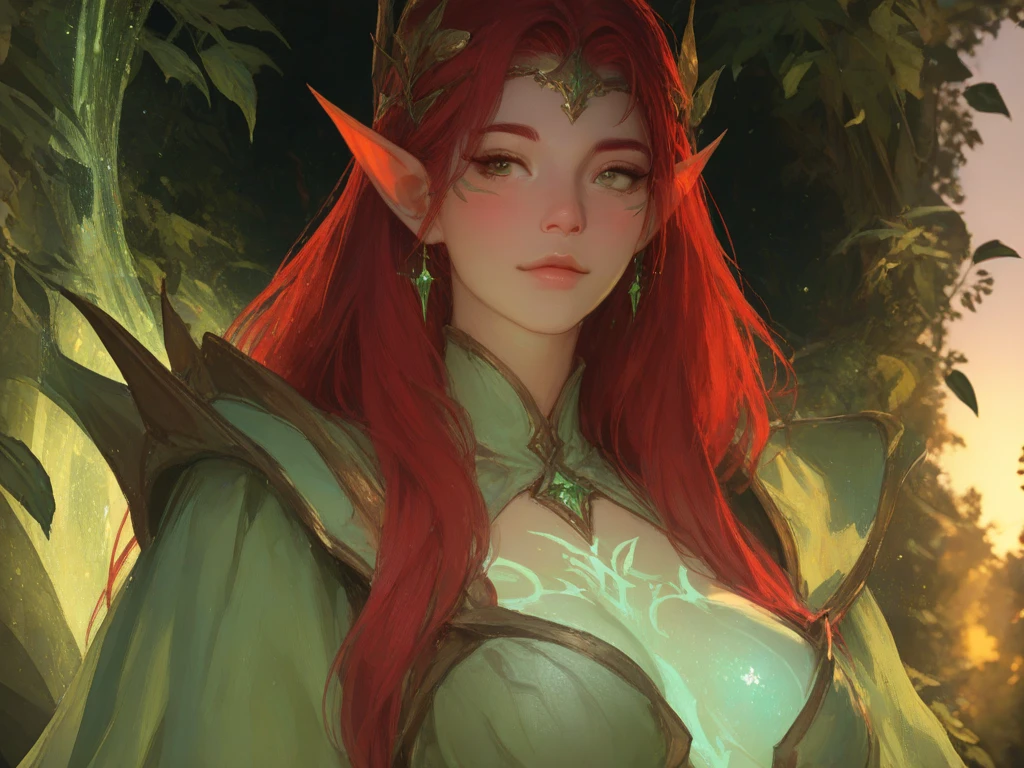 Launch, an elven princess like your lover, she pulls your hand through the magical forest, looking at you with love and joy, stunning and dreamy illustration, an elf with long red hair, elf ears, blue eyes, thin lips, huge breasts, elf warrior princess, perfect, detailed art, romanticized and beautiful scene.