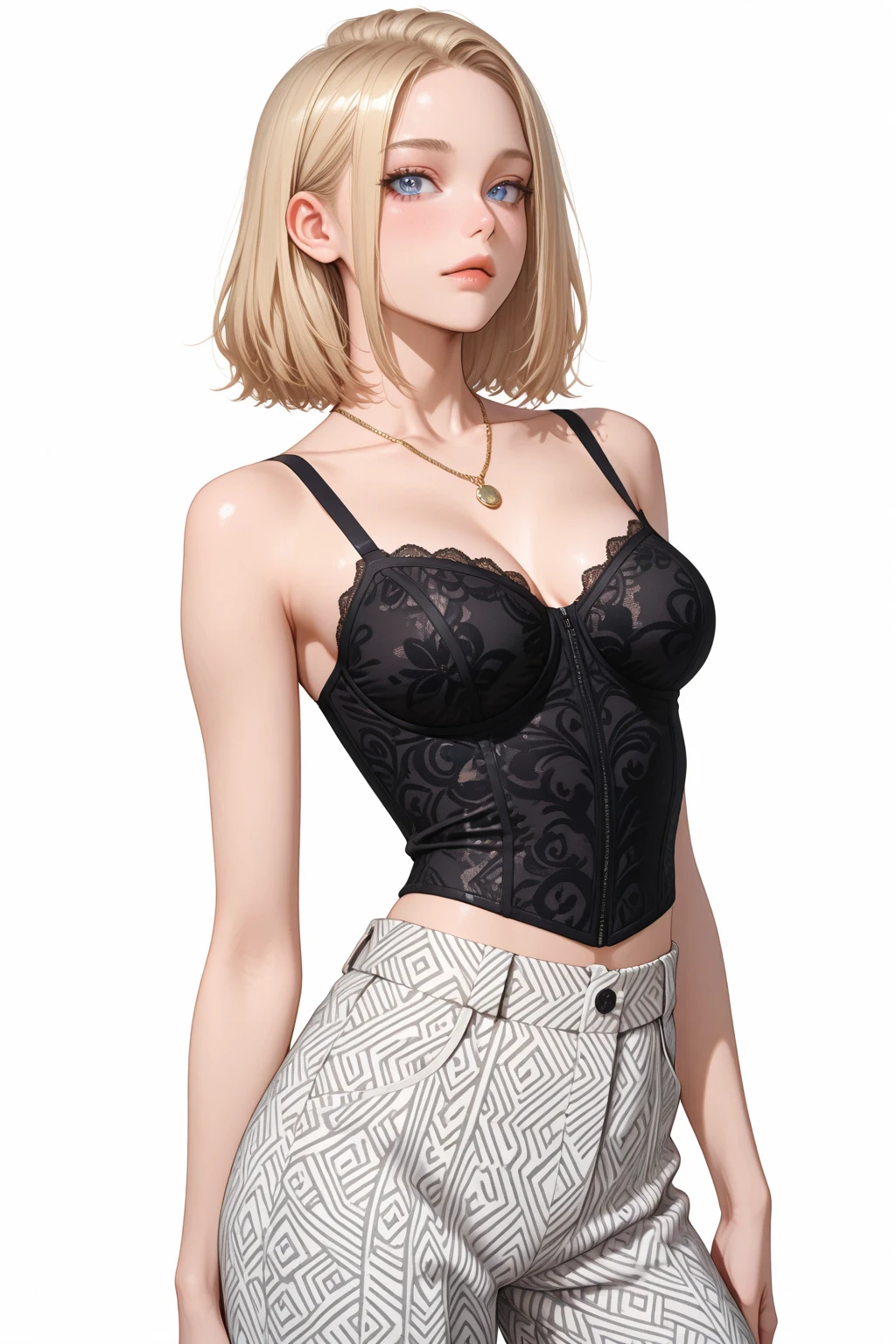 1girl, blonde hair, short hair, (makeup), thick lips, standing, portrait, looking at viewer, midriff, head tilt, looking at another,
masterpiece, best quality, intricate detail, jenya.d