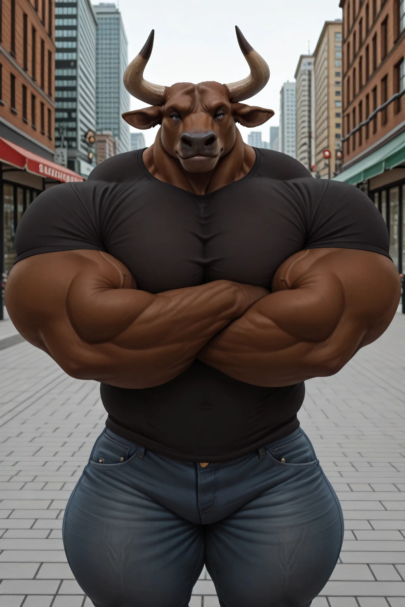 masterpiece, best quality, amazing quality, high quality, semi realistic, furry, 1boy, bull, brown body, huge muscle, detailed background, solo, front view, Upper body view, crossing arms, jeans, black thick t-shirt, city,