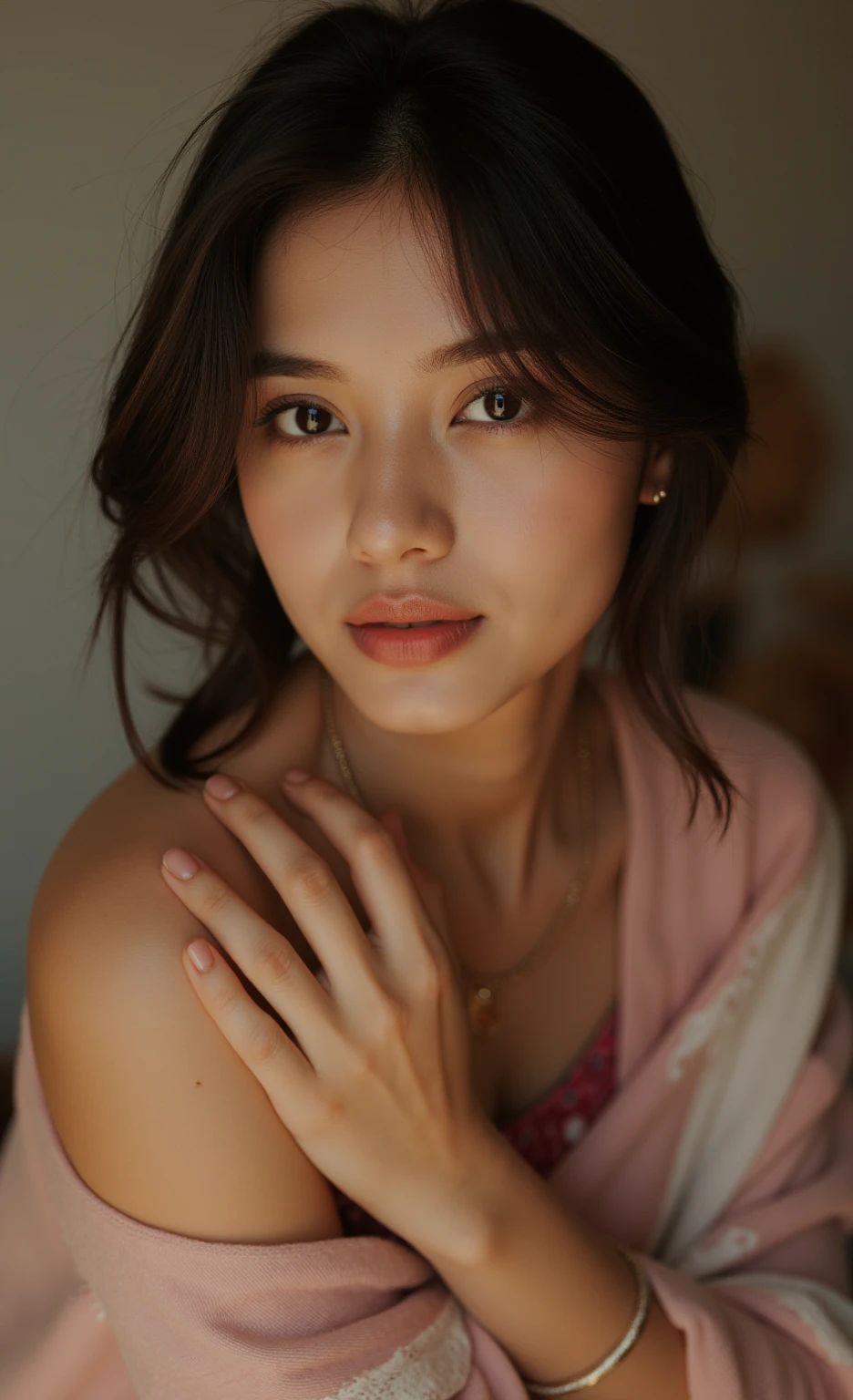 Highly detailed CG Unity 8k wallpaper, top quality, super detailed, masterpiece, realistic, photorealistic, highly detailed cute girl, (25 years old), blush, round eyes, medium breasts, full body shot, wearing bra, sitting on office, focused into camera, see through bra, wearing tight panties, wear earrings, wear bracelet, wear necklace, sweating body, wet body, sweat droplet on her body, shy smile, 1 men stroked from behind, far angle photoshot, talking with 1 men,