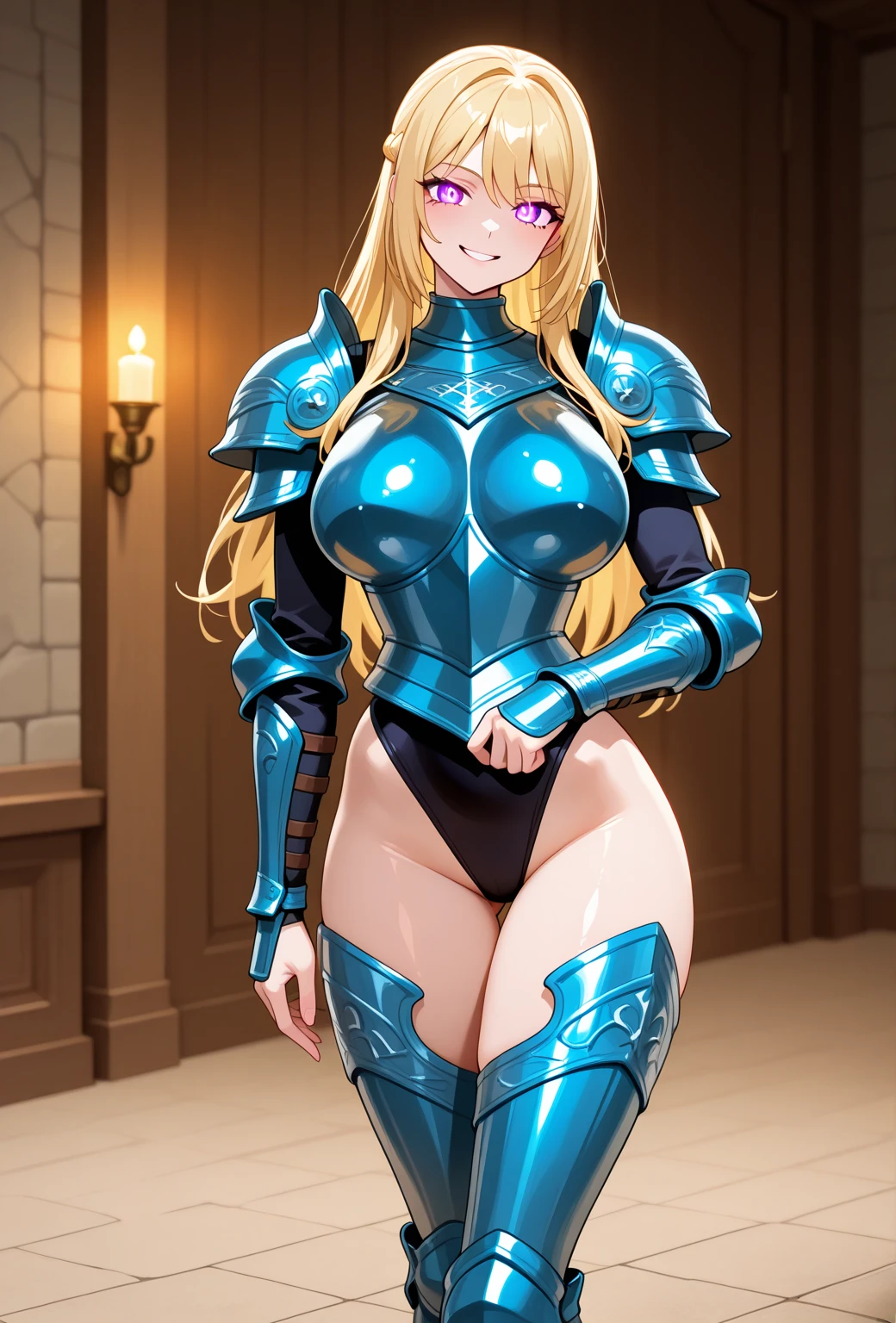 ((masterpiece, best quality)), manga style, A dark elf warrior, tight body armor, large breasts, wide hips, discreet smile, Wavy Blonde hair, a collar around her neck, (high detail skin：1.2), beautiful face, gentle illumination,