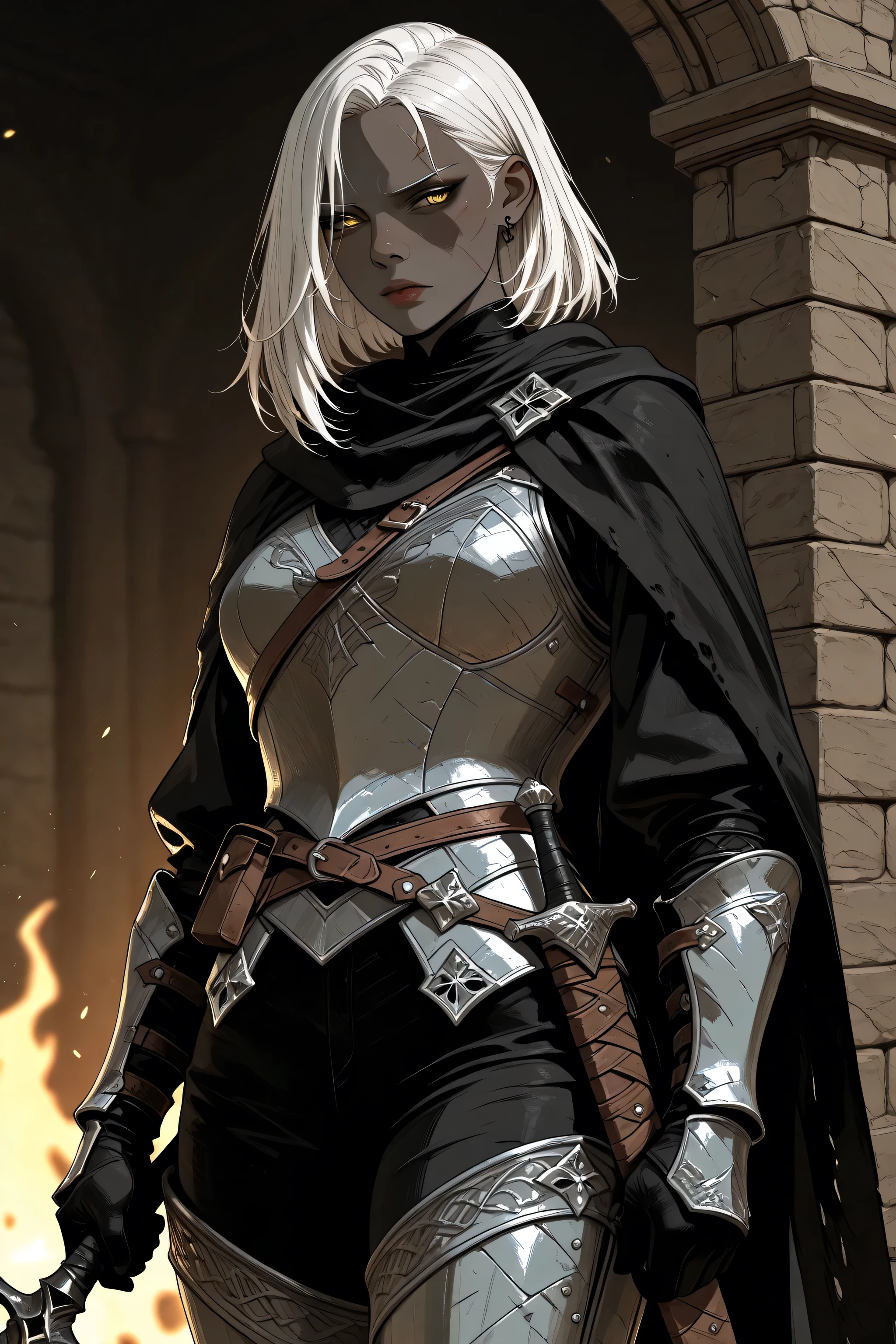 DND,A grey-skinned drow woman with a large, slender sword and armor with sexy white hair that falls on either side., yellow eyes in medieval black , fancy