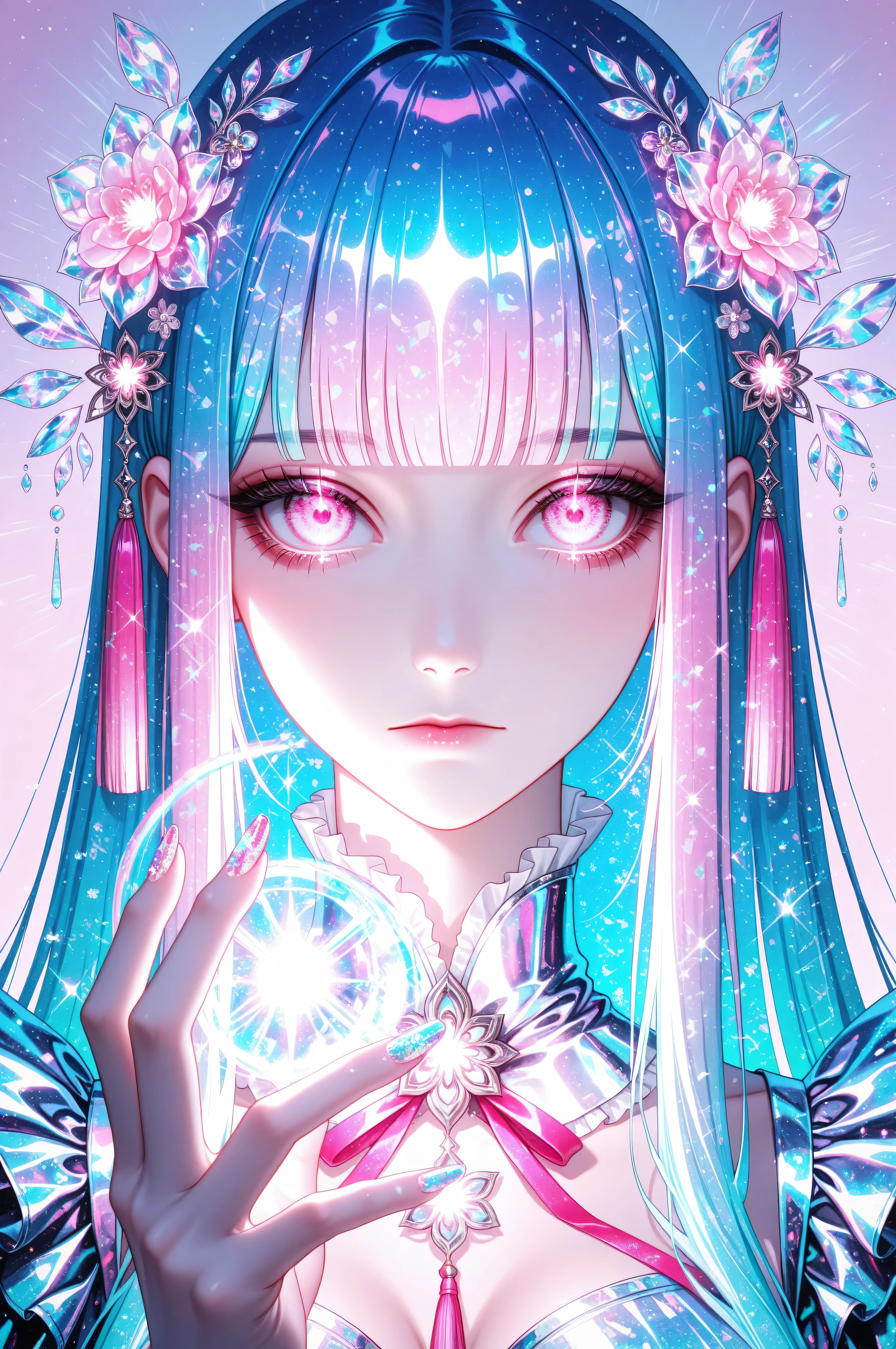 woman, solo, holofoil nails, looking at viewer, holographic, holofoil glitter, glowing, bangs, pink eyes, long hair, neon hair, glowing hair, hair ornament, hand up, flower, blunt bangs, closed mouth, tassel, ribbon, portrait, ethereal, pastel gradient background, frills, multicolored hair, upper body,