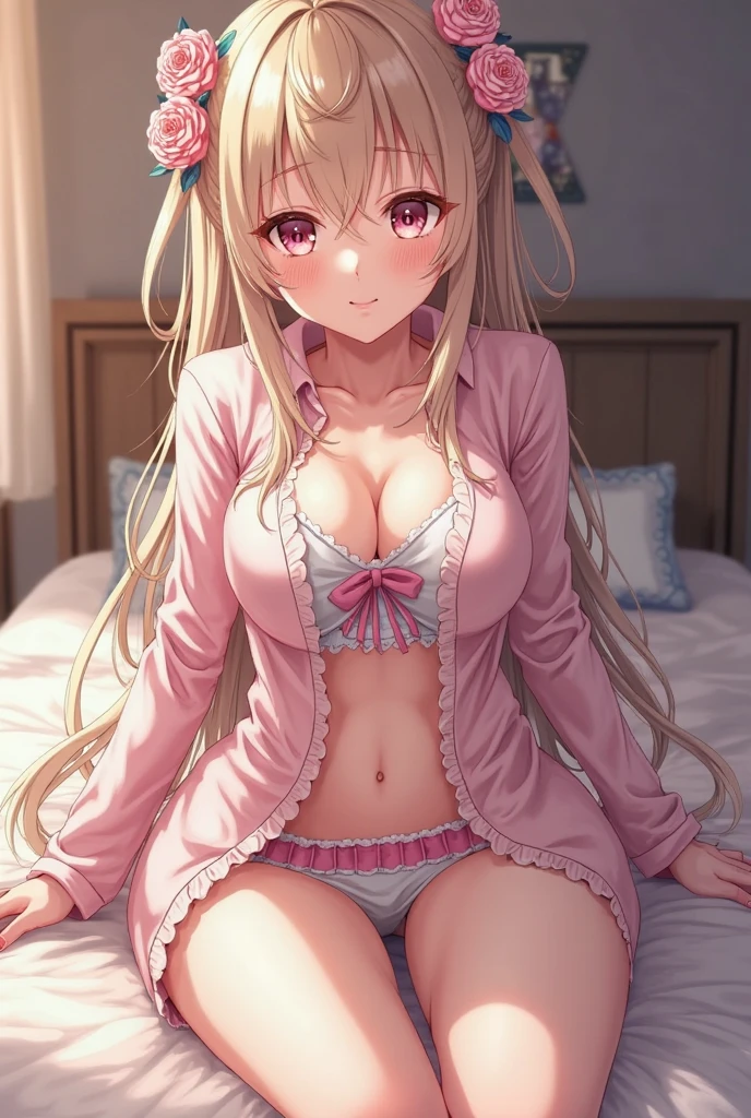 pieces fly, highest quality, Highly detailed CG Unity 8k wallpaper, sexy witch , long dark blonde wavy hair,off shoulder knit, dark blue pleated skirt, stockings、medium breasts,saggy breasts, ,blush, shy smile, ,(pink floral lace panties,pink floral lace bra,((open your legs wide))、Wet chest and crotch、please open your knees,Massage the chest with your hands),Wet chest and crotch,please open your knees,Massage the chest with your hands),magic book,church bed,a blue underwear sitting on bed,stick out your nipples, escotada, high quality, cleavage,abdominais, (no underwear),no underwear,(D cup big breasts:1.3), naked beautiful pussy, realspread pussy, ((Toned abs:0.6)、Sexy belly,Constricted hips, beautiful medium ass:1.5)), looking at the viewer.