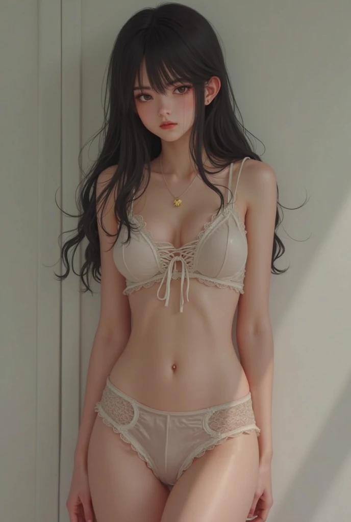 sleeping girl, 19 years old, realistic, in underwear, in the middle of dressing, brown hair, fair skin,