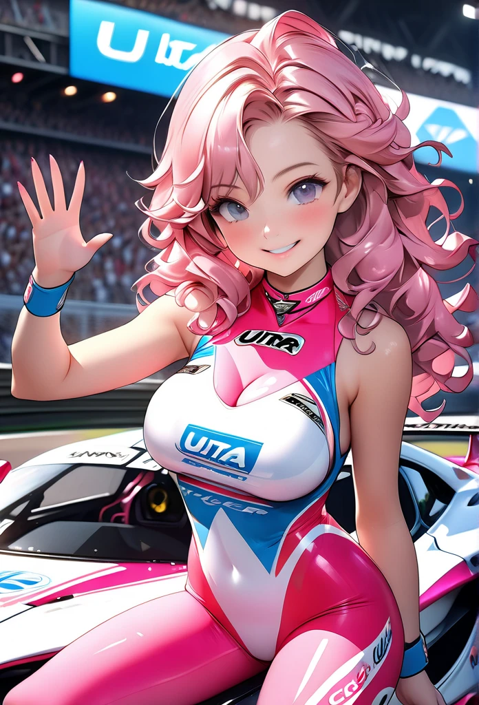 (8K, masutepiece, Best Quality, Official art, beautiful lighting, The best masterpiece in history that exceeds limits, beautiful detailed), (1 Girl, Solo), (sixteen years old), (beautiful detailed face), (shiny white skin), (Beautiful big bust, cleavage, thighs, navel:1.3), (beautiful detailed pink twin tails hair, Bangs:1.3), (beautiful detailed drooping pink eyes:1.5), (Race queen uniform, short length tight shirt, pastel pink short length tight skirt:1.3), (long boots:1.3), (happy smile:1.2), (Attractive, sensational, Look at the camera, cute pose, standing), breathtaking scenery, (ultra detailed realistic Beautiful Racing car circuit, sports car, blue sky:1.2),