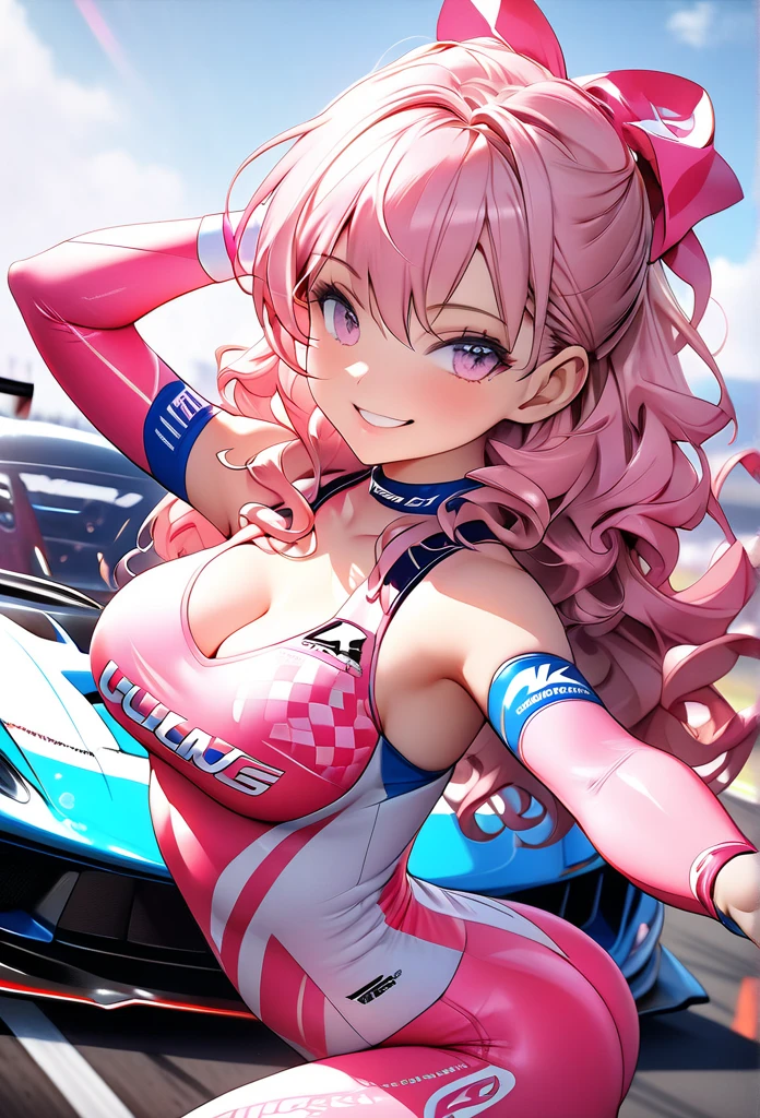 a beautiful female race queen with long wavy pink hair in a pink bikini-style outfit posing dynamically in front of a pink formula racing car, wearing a white pareo, showing cleavage, with many sponsor logos, a holographic pattern effect, smiling and cutely waving at the camera, ultra-detailed digital painting, vivid colors, high-definition 4K 8K resolution, best quality