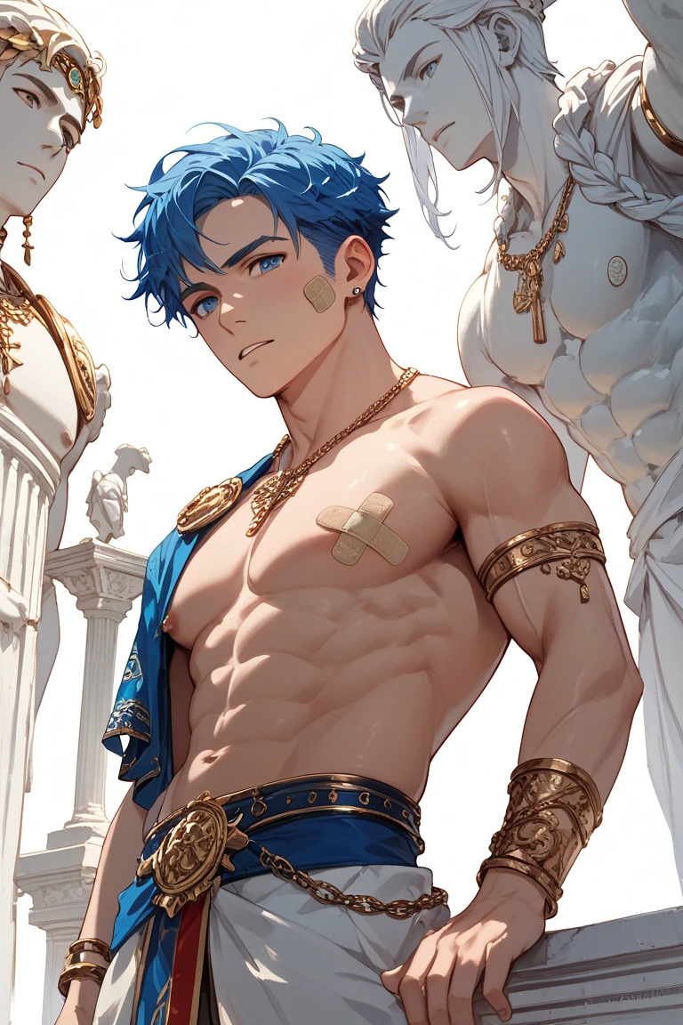 demigod son of poseidon, ((Ancient Greece)), 30 year old man, blue clothing, Full Armor, tails