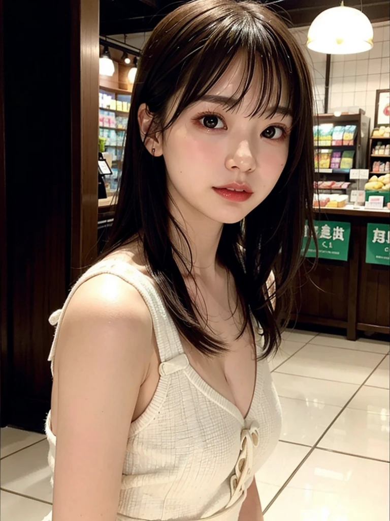 masterpiece, best quality, <lora:hdl:0.8>, 1girl,twintails,black hair,bangs,hair bow,cleavage,huge breasts,smile,table,food,restaurant, <lora:BeautyNwsjMajic2-01:0.7>