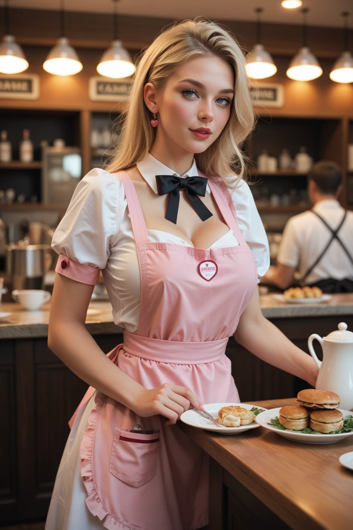 photo of a brunette pinup holding a cake in an apron in pinup style beautiful smile kisses the air beautiful bakery bright light colors pastel  with polka dots posing in pinup style 