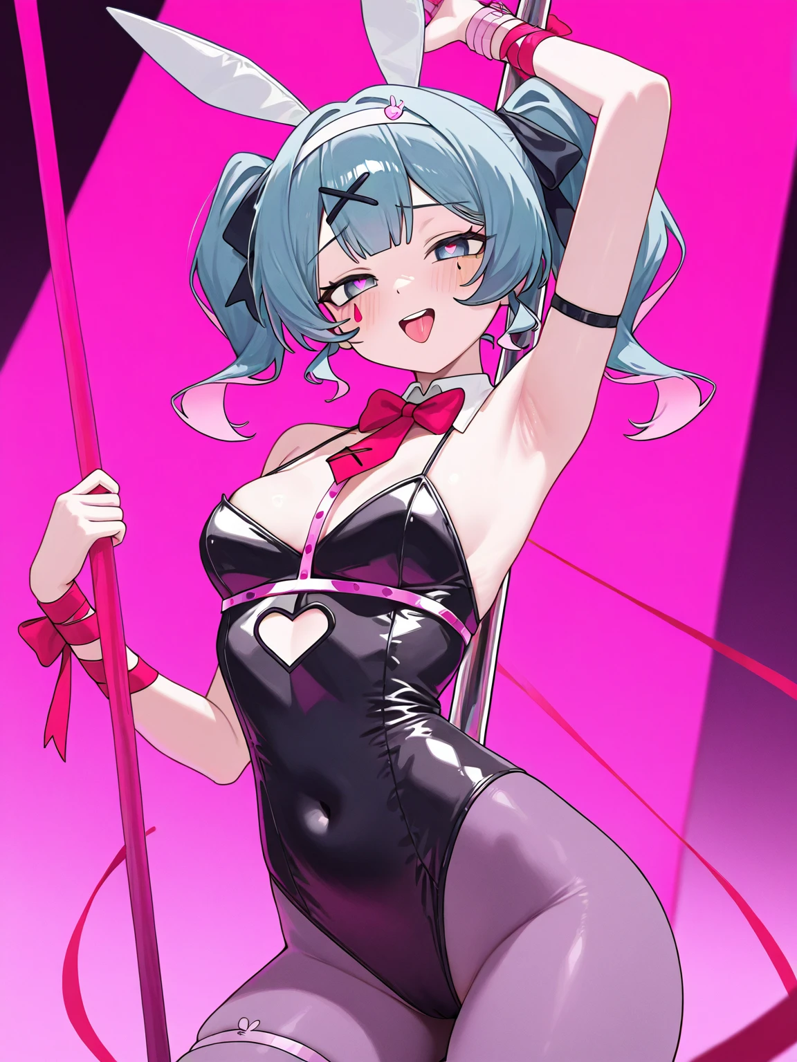 score_9, score_8_up, score_7_up, score_6_up, BREAK, source_anime, 1girl, animal ears, backless leotard, black footwear, black leotard, black pantyhose, black ribbon, blue eyes, blue hair, cuffs, fake animal ears, fake tail, fishnet pantyhose, fishnets, hair intakes, hair ornament, hair ribbon, hairband, handcuffs, high heels, highleg, highleg leotard, leotard, long hair, nail polish, pantyhose, pink nails, playboy bunny, rabbit ears, rabbit tail, ribbon, tail, teardrop facial mark, twintails, white hairband, x hair ornament, cowboy shot, smile, looking at viewer, solo, simple background, blushyspicy