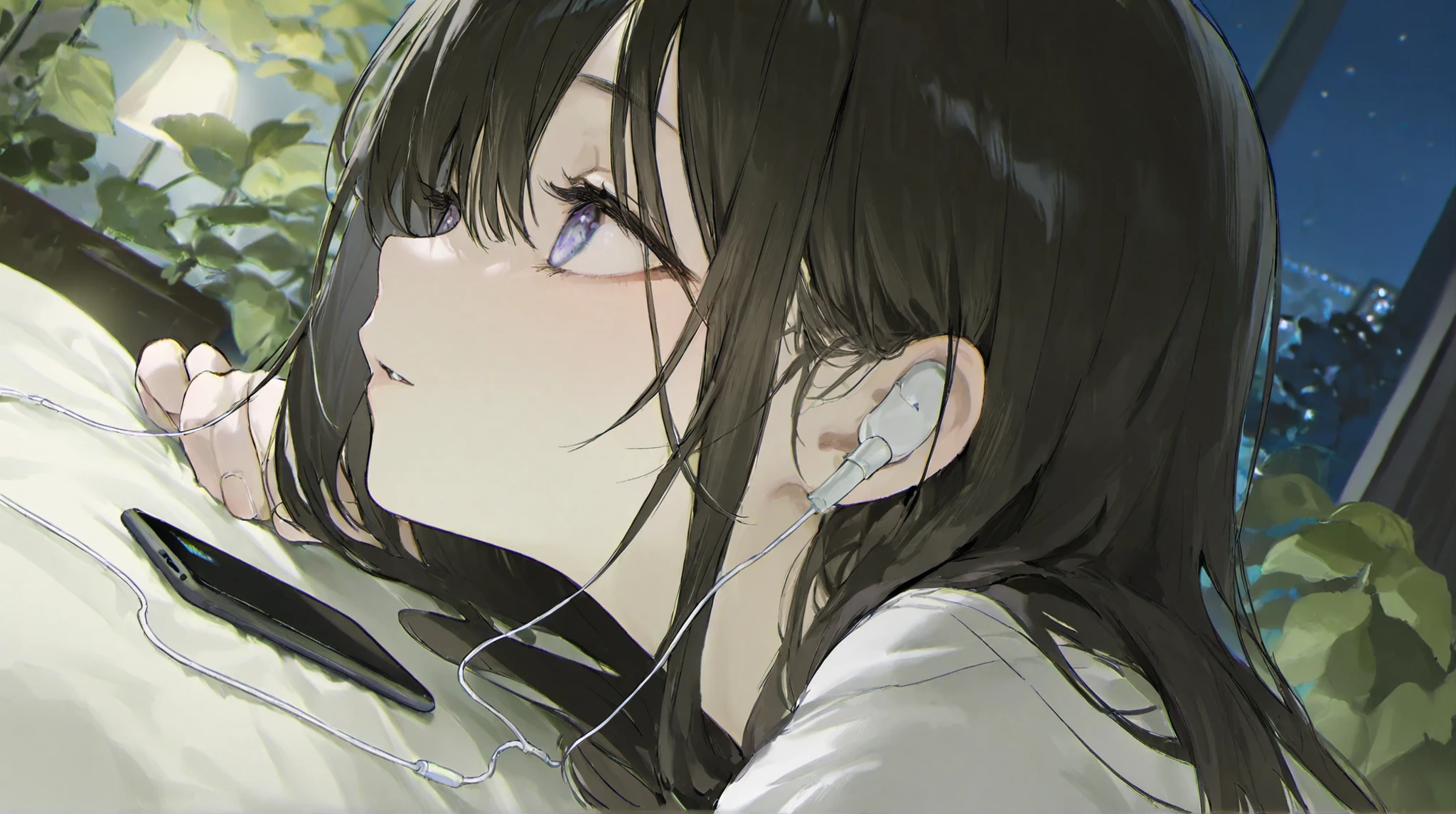 masterpiece, top quality, pale but beautiful illustration、Very awa, very high definition, Newest, very eye-catching,Very Detailed, upper body、Just a little cute 、Angle of view from side
1 girl,night、Room、Plants 2nd Floor、dark haired、Smartphone、earphones