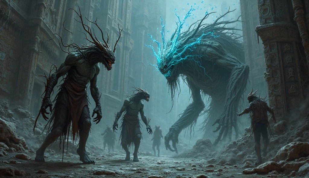 <lora:4r4chn1dXL:0.9> fantasy 4r4chn1d 1boy solo, warrior, arachnid, angry, evil, character focus, Green hair, black skin, corpse,crystal,necromancy, combat stance, fearsome, scary horror \(theme\), (in whispering falls, cascading water, enchanting echoes, hidden grottoes:0.5), desktop wallpaper, official_wallpaper, desaturated, atmospheric, concept art, (Masterpiece:1.3) (best quality:1.2) (high quality:1.1)