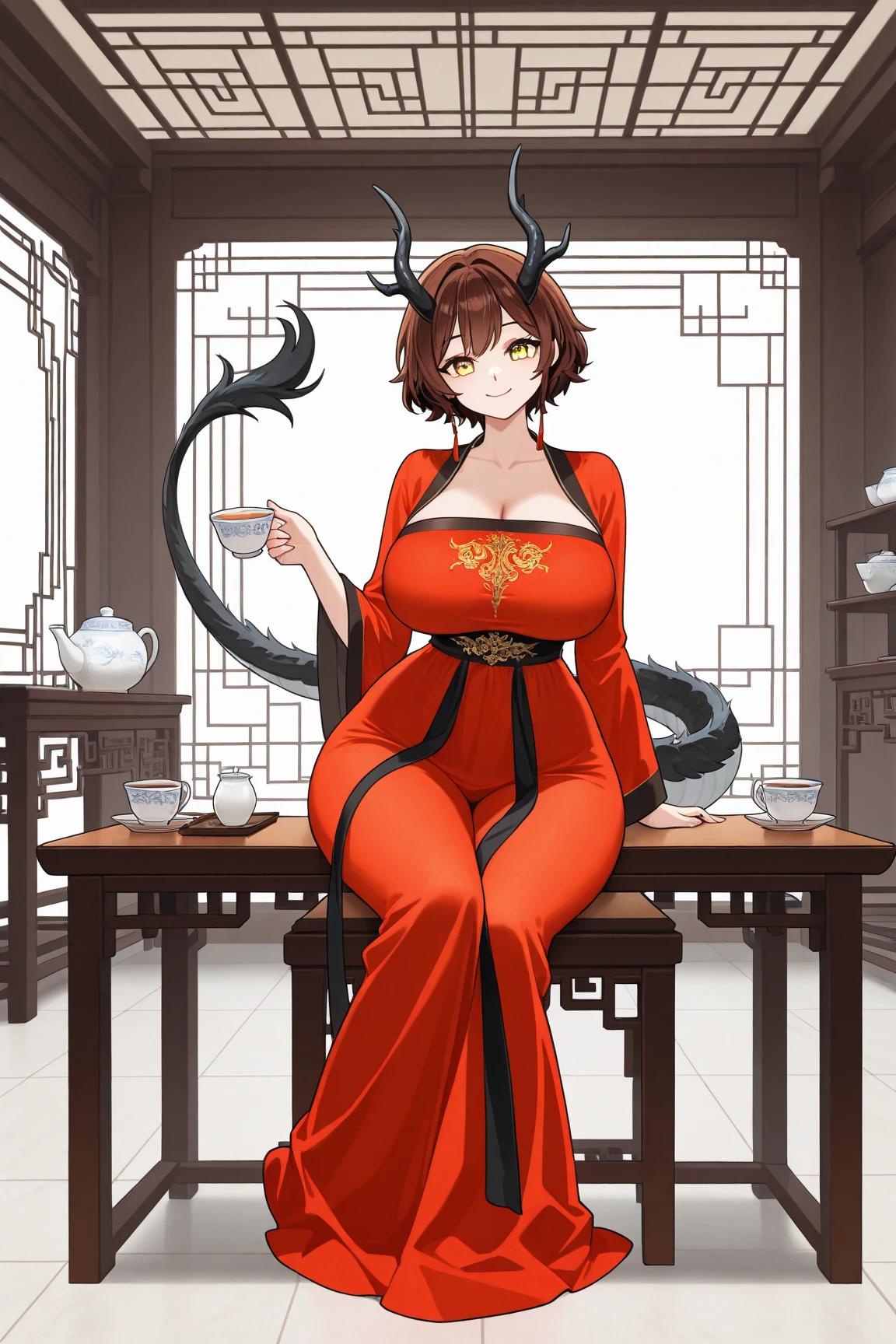 female, brown short messy hair, red eyes, brown monkey ears, brown monkey tail, (((1girl))), (((yellow Chinese dress))), (black sash), (black Chinese slippers), cute and sexy, full body, large breasts, long legs, smirking, cleavage