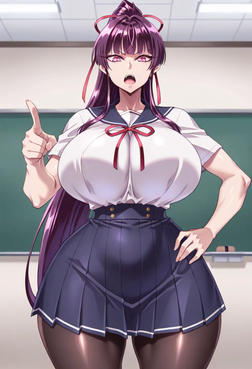 ((masterpiece:1.4, best qualit:1.4, high resolution:1.4, bright colors, vibrant colors:1.2)), Saitou, 1girl, solo, standing, huge breasts, , glasses, bangs, bow, brown jacket, bowtie, blush, arms behind back, pleated skirt, school background, indoor, purple eyes, upper body, frontal view:1.1, open mouth, arms up, frown, armpits visible, sleevles