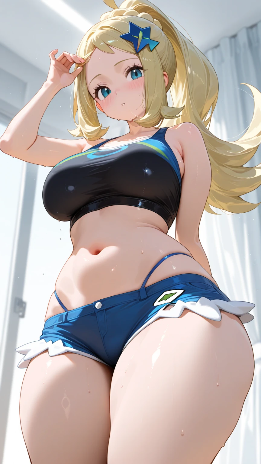 1girl, long blonde hair, blue eyes, wearing blue tank top and black dolphin shorts, no background, absurdres, high res, ultrasharp, 8K, masterpiece, long legs, large breasts, thicc thighs, thighs shown, blushing, short shorts, barefoot, perfect hands, large ass, blushing, perfect hands, super closeup, large cleavage, wedgie, bra under tank top, tank top, anime line art, lineart, squatting on floor, squatting down, long legs, ponytail, tight dolphin shorts, light blue tank top, light blue tank top, squatting down, spread legs, open legs, one girl, butt shown, cross armed, cameltoe, squatting down, wedgie, facing viewer, viewer from front, front view, looking straight at camera, fingering, fingers in shorts, touching herself, female masturbation, reaching in shorts, squirting, embarrassed, fingering herself