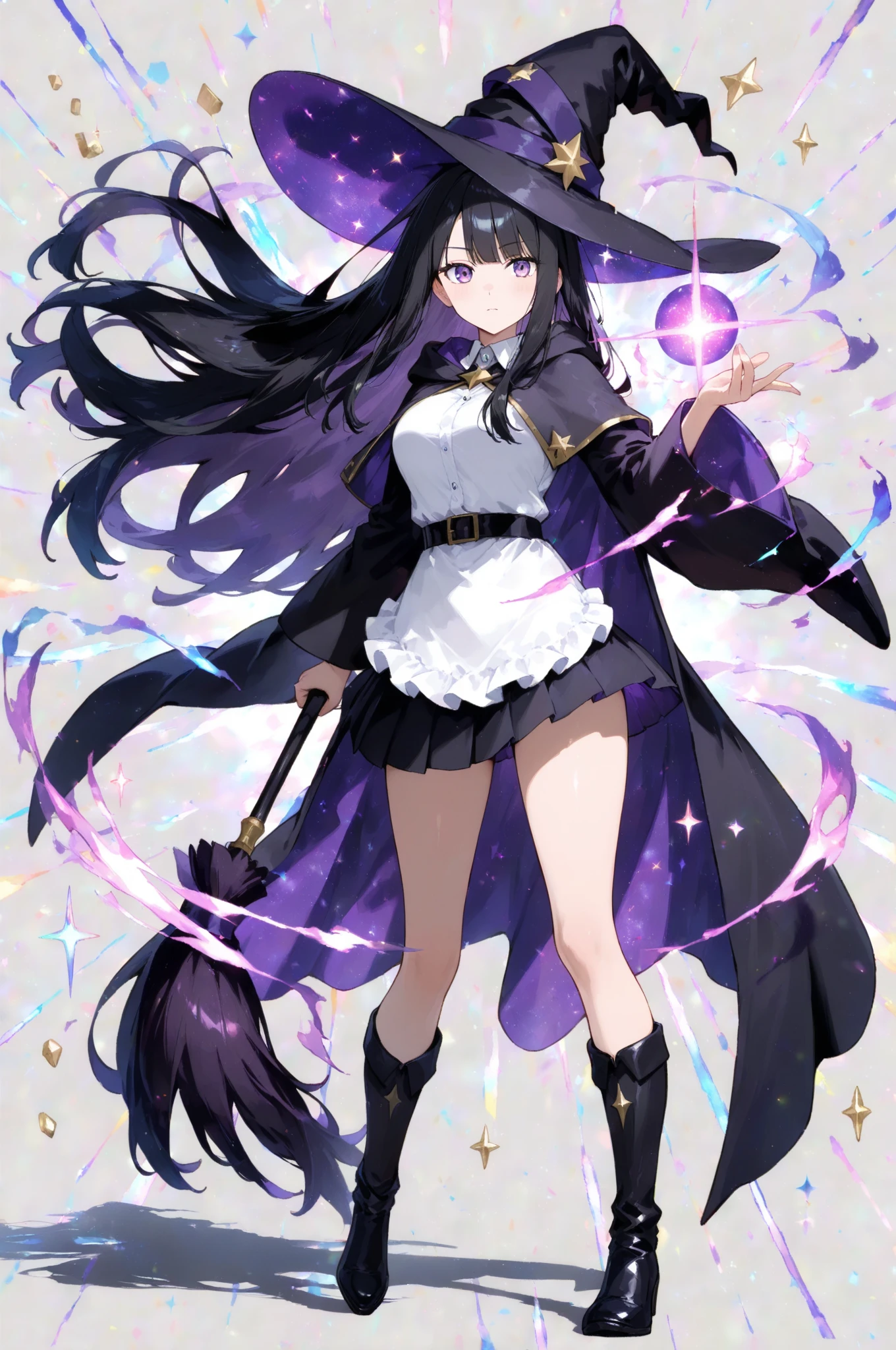 Anime girl with waist-length purple hair and black robe. Witch hat. Pointy ears. Cute as a cartoon. Back view. Full body facing backwards. The whole body is visible. Skirt is short.