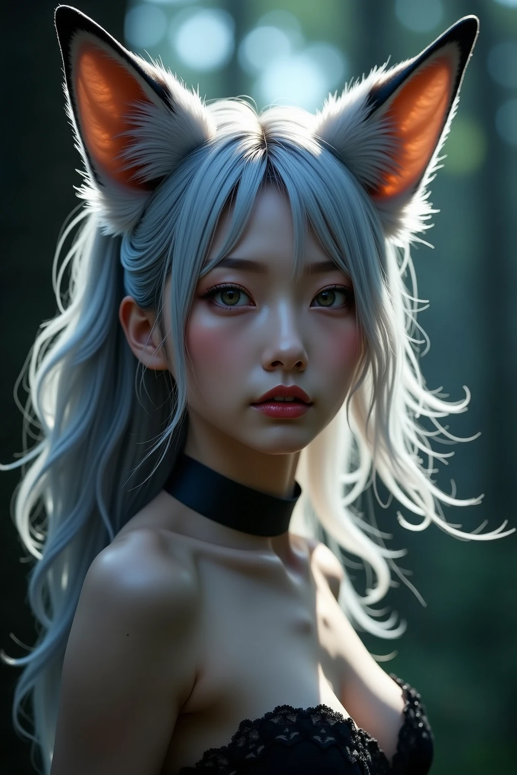 a beautigul nine tail fox girl, white hair, very whitre skin, asian look, cute, small waist, big breasts, small waist, sexy, luxurious shrine, cinema atmosphere, (highest quality, 4k, 8k, height, masterpiece:1.2), very detailed, (realistic, photo-realistic, photo-realistic:1.37), (looking at the viewer), highly detailed face, beautifully detailed eyes, beautifully detailed lips, highly detailed eyes and face, long eyelashes