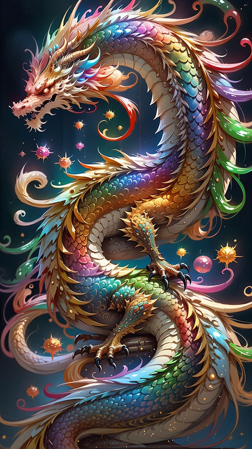 Golden Dragon。Rainbow glowing scales。龍god降臨。Golden Splash、milky way、god々々right、Staring straight ahead、Redbeard
