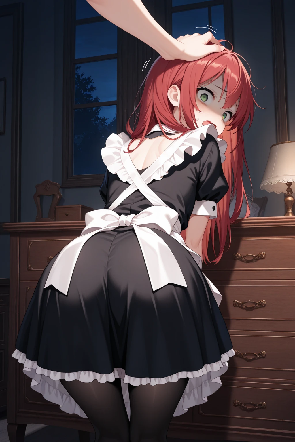 masterpiece, best quality, highres, from behind, from below, pantyshot, AiriV4, 1girl, solo, ass, maid, black dress, maid headdress, twintails, red hair, long hair, white panties, black thighhighs, large breasts, thick thighs, blue eyes, blush, smile, wind, blue fire, graveyard, night, cowboy shot, upper body, <lora:AiriV4:0.8>
