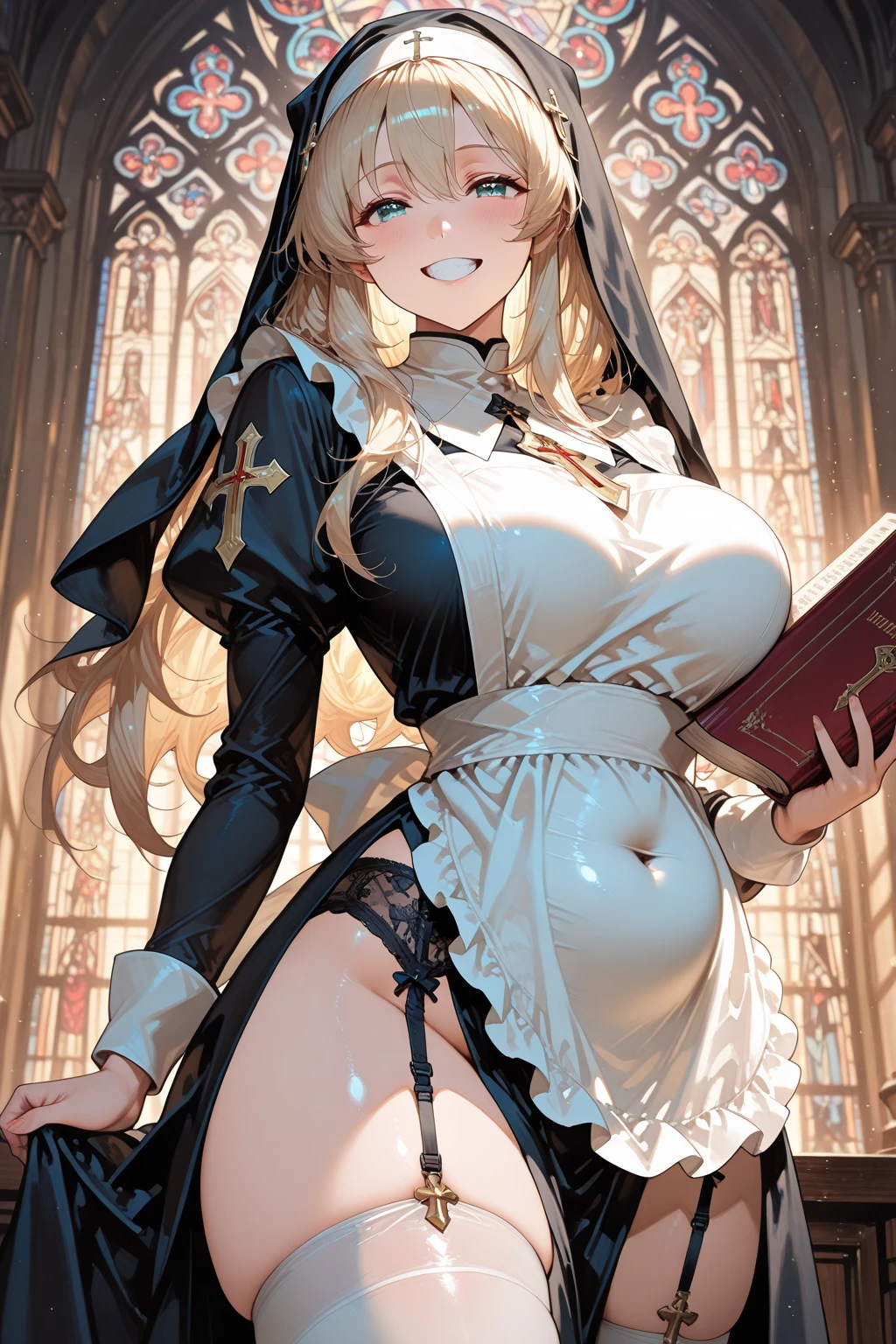 masterpiece, Highest quality, Official Art, Highly detailed CG Unity 8k wallpaper, Detailed Background, (Handcrafted by Guido Daniele), (Finger details), Mature Girl 1, (Curvy), (Nuns), (Bible in hand, A book with a cross on the cover:1.12), (standing in church), (Nuns gown:1.12), (Chest Curtain:1.12), (Nuns skirt:1.11), (White Garter Straps Garter Belt:1.12), (Blonde long hair:1.12), (Hair Intake:1.12), (Green Eyes:1.2), blush, (Loving smile, holy smile), (Huge breasts), (Long chest, Saggy breasts:1.12), (Let go of my chest), Tight waist, Shiny skin, (Cross Necklace), indoor, (Sacred Scene), (church:1.11), (Sunlight streaming through stained glass),sagging breasts,milf,nun