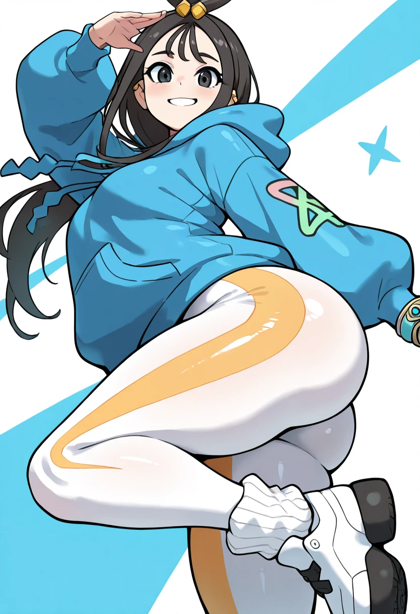 18 year old girl, large eyes, big eyelashes, thin eyebrows, half full cheeks, thick lips, curly black hair with accessories , using a long-sleeved crop top, showing the ass, pussy, calcetas largas blancas, black tennises