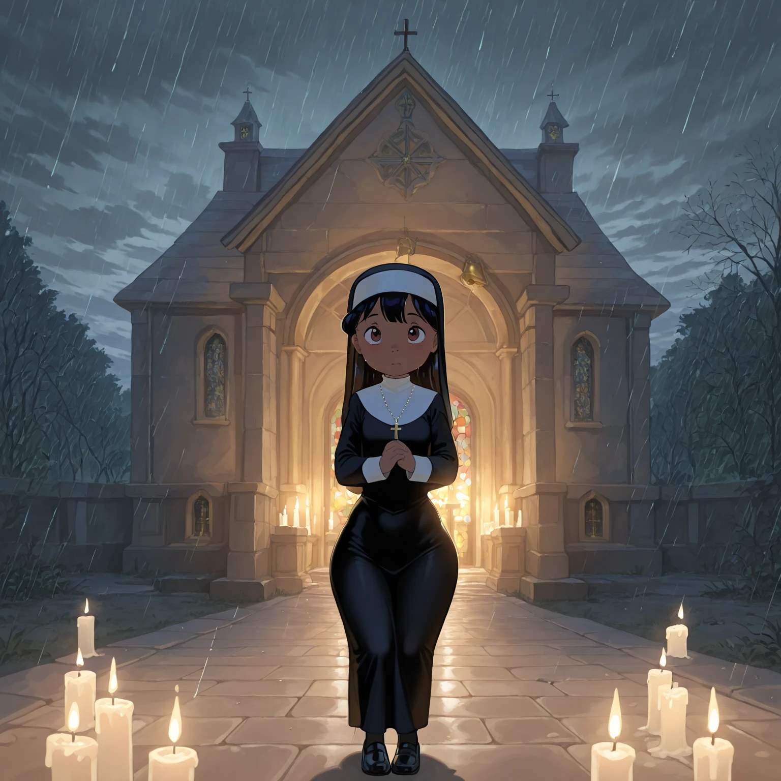 (cbzbb:1.25), portrait of cutest "THE NUN" baby illustration, yawning, bloody mouth, standing alone in the night against Cemetery in the background, SFW