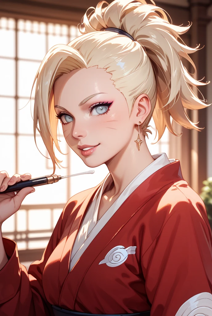 1girl,evil smile, himiko toga,blonde hair,yellow eyes, hold a cutter, white japanese kimono, painted with red polka dots, facing viewer,looking at viewer,good hand,good finger,masterpiece,extremely detailed, close up