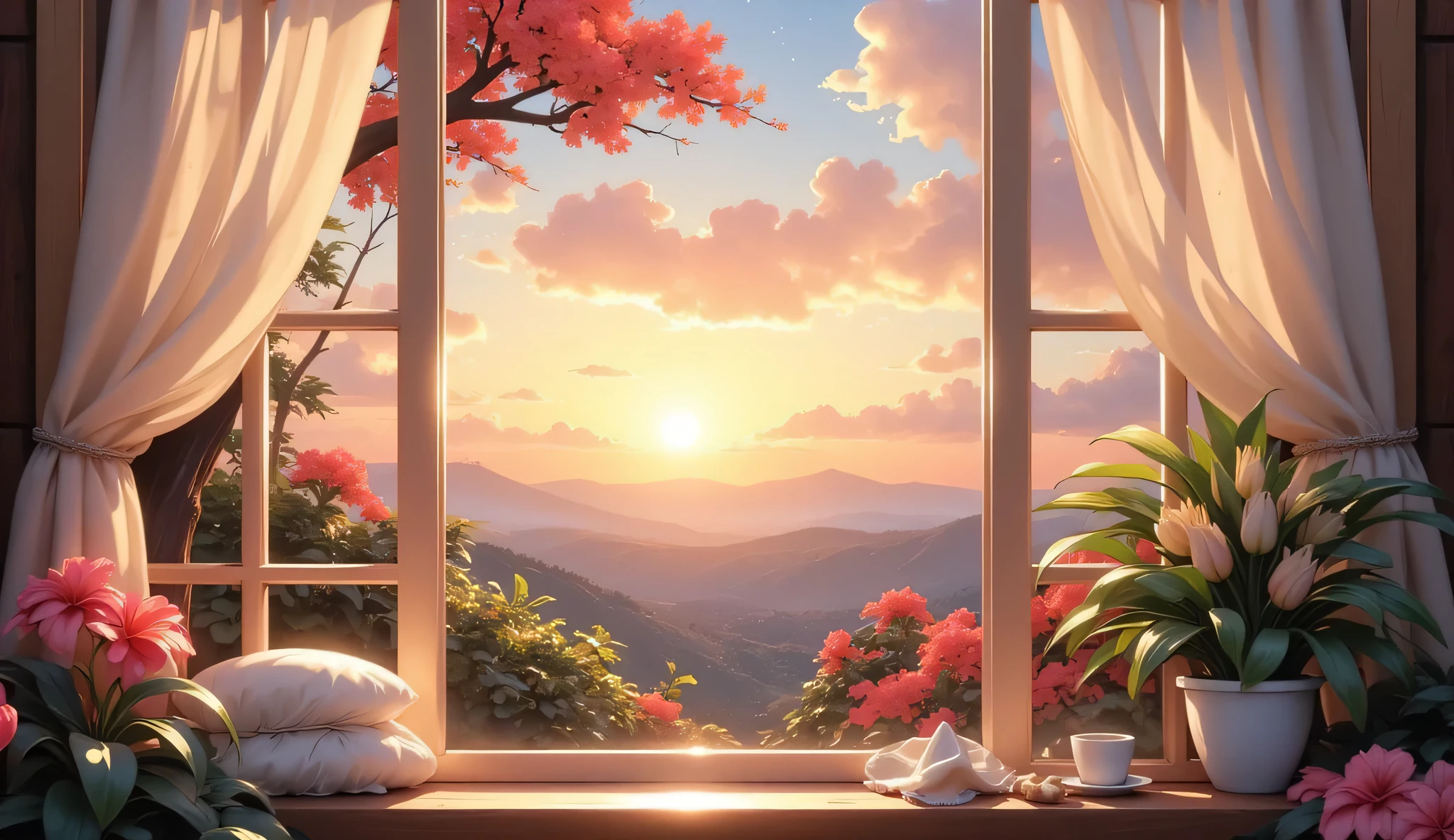Scenery seen from the window,Windowside with a view of the sunset、high quality realistic 3d rendering,precise texture,Sparkling night view,Deep Color,sophisticated composition,Charming Atmosphere,Delicate Details,Exquisite Bokeh ,Masterpiece