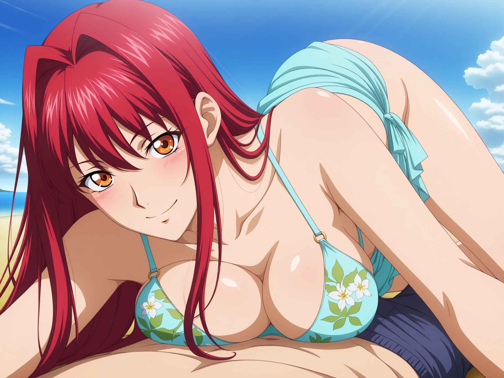 (masterpiece, 4K, Highest quality, anime style: 1.9, Detailed face, Lovely, Ocean,Bold Line, High resolution, anime, Lake 4. alone, Curvaceous, Thighs, Cleavage, Center of chest, Very slim belly, Cowboy Shot, Slingshot micro bikini,1 girl,((Looking into the camera))),(((anger,Glare))),fine grain,(((One eye is hidden))), Elsa Scarlet,fairy tale,(((Sit down and spread your legs,M-shaped feet))),Angry face