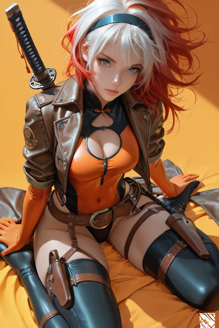 Destroyed towns,3 Ukrainian girls , Ukrainian anime girls, Ukraine ,  
Full body composition of young girl with messy short red hair, bob hair cut, eye make up, 15 year old,  
Soft lighting, Solo, Old torn dirty shabby futuristic military uniform, badges, Pose, Blotch color, Octane Render, Hyperrealistic intricate detail, 
Cinematic, 8K resolution, 70mm, Accent Lighting, Global Illumination, Full body portrait, clean detailed faces, intricate clothing, Cute face, flat chest, Slim waist, Slim legs, small hips,Major's uniform,thigh high stockings jacket open. fancylace bra
Holding a handgun,Long jacket,Carrying a cloak,actionpose,Sitting in the General's Chair,
Dominant lady, mean look, evil smile. sexy. extreme Strong vignette.
one leg up on sofa, legs parted, seductive, suggestive sex, offering sex, leaning forward towards viewer. vivid colours