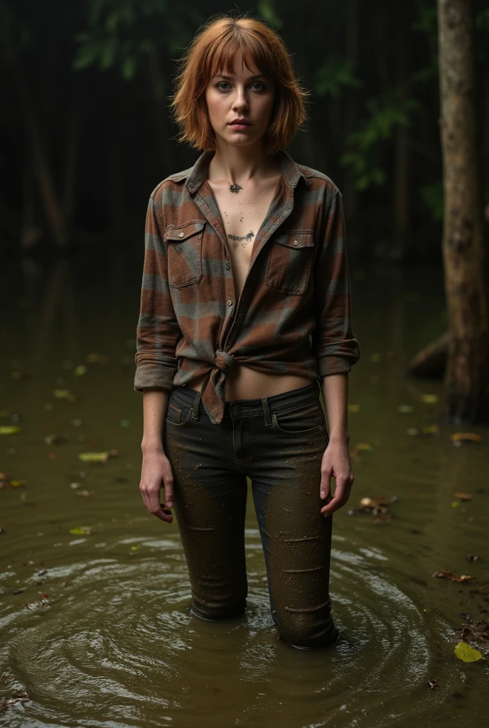 (Best Quality,hight resolution,Masterpiece, Overhead view:1.20),Ultra-detailed,The woman,Wide flares on jeans:1.3,sickly,drowning in a swamp,standingn:1.2, fetish, Posing, overcomes shame:1.3, (at the bottom of a mud pit:1.3),gloomy ecstasy:1.2,Dark atmosphere,gritty texture,melancholic expression on his face,mysterious aura,foggy background,Subtle color palette,provocative pose,Strong emotions,Coming Out of the Depths of Despair,Piercing gaze,intense shadows,Plunged in Darkness,Rugged terrain,ominous vibe,A supernatural sensation,asymmetrical bangs, freckles, pink short hair, Bangs, freckles, gray eyes,