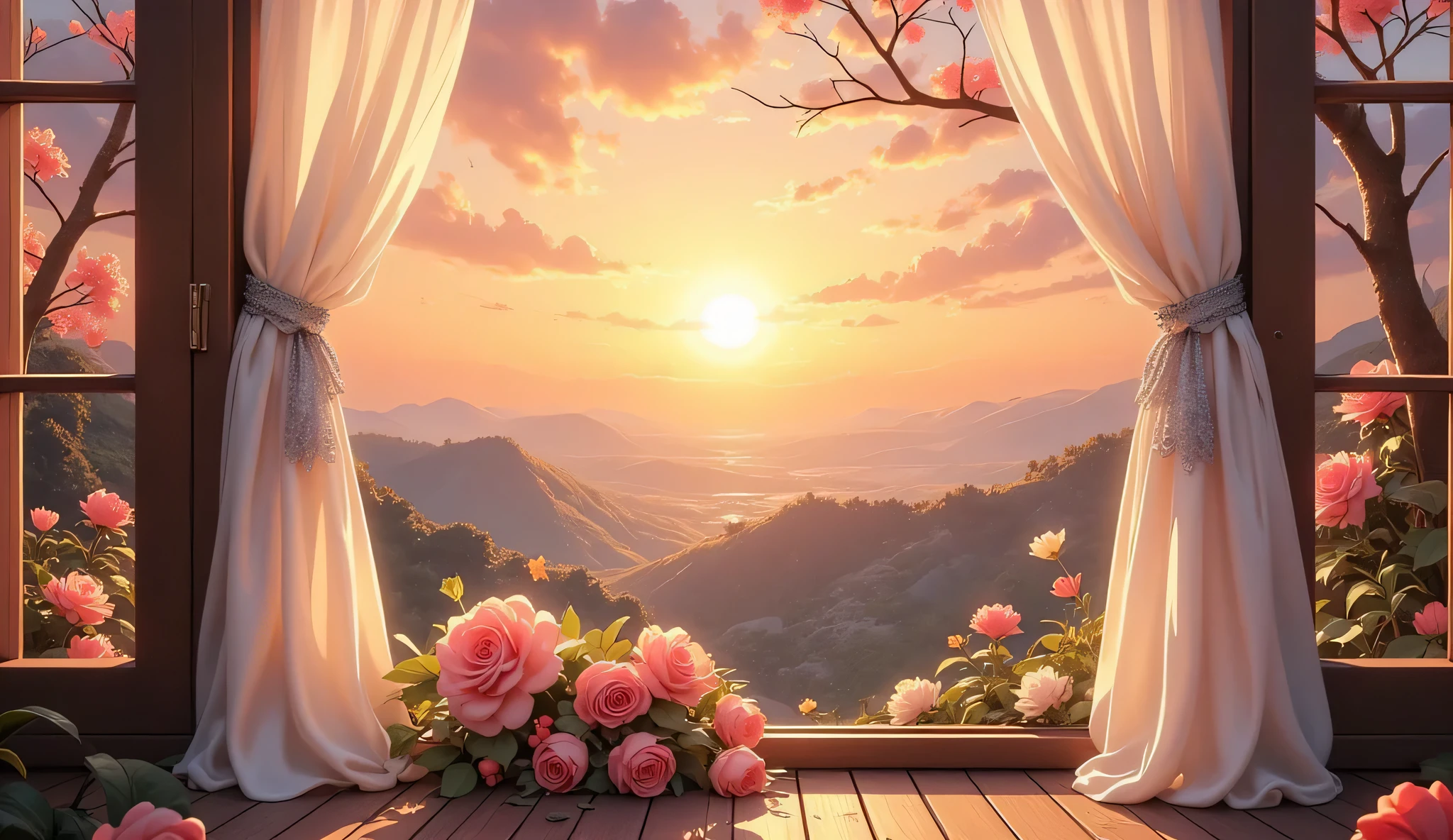 Scenery seen from the window,Windowside with a view of the sunset、high quality realistic 3d rendering,precise texture,Sparkling night view,Deep Color,sophisticated composition,Charming Atmosphere,Delicate Details,Exquisite Bokeh ,Masterpiece