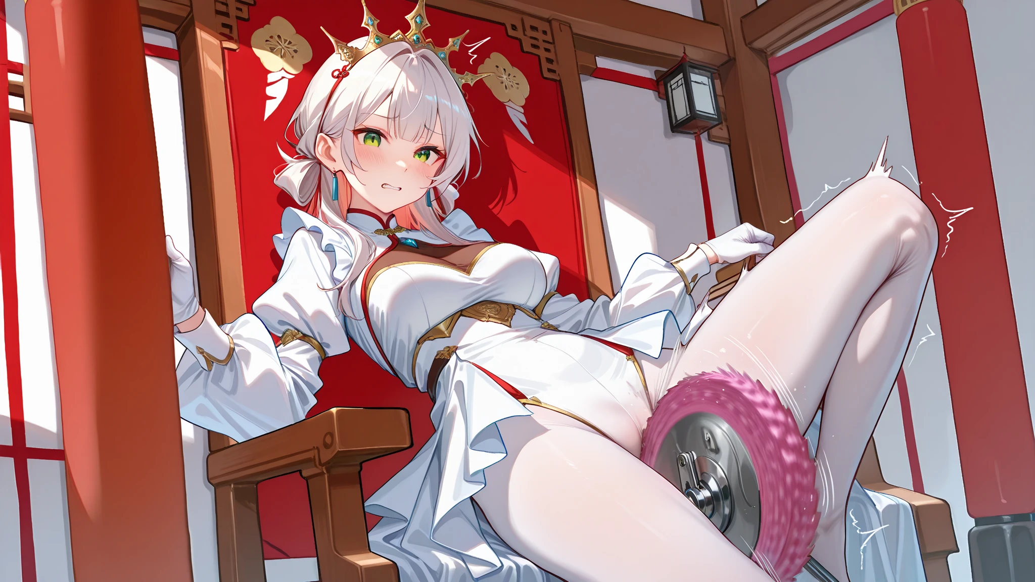 A female empress, short white hair, with yellow eyes, red nails, mostrando os peitos, legs open showing pussy, with an angry face and a provocative look, mouth open with tongue out. Wearing traditional Chinese imperial clothing, decorated in gold with black details, with red Hanafuda earrings, with a short red skirt. On your knees on a hotel room bed with a penis in your pussy, with a sunset in the window in the background.