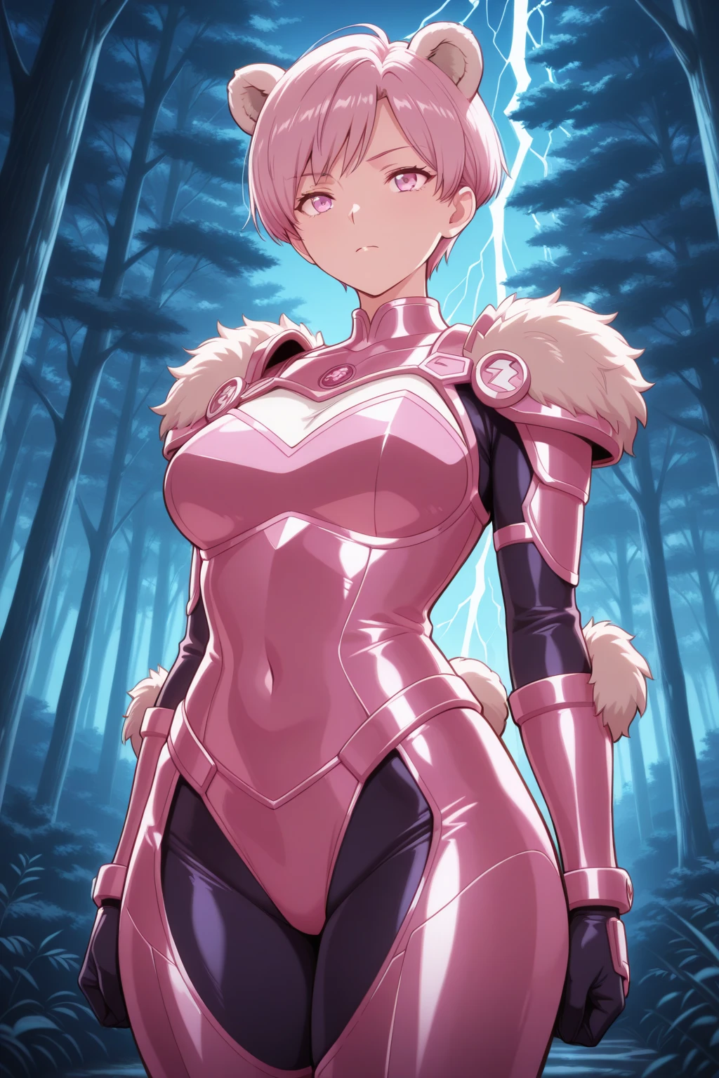 "(masterpiece:1.1), best quality,
1girl, (80s anime style:1.3), (eyelashes:1.5), (loli:1.2),
(intricate high detailed body:1.2),
silver hair,
(hair slicked back:1.2), (very short hair, pixie cut:1.1), (hair ribbon:1.2),
brown eyes, (detailed pupils:1.1),
(curvy body:1.1), (huge breasts:1.1),
(happy, smile, open mouth:1.1),
(see-through cloth leotard armor, underboob cutout:1.2), (garter belt:1.1),
(knight armor, armored boots:1.2), (ribbon:1.1), (hoop earrings:1.1), hand cuffs,
standing, hand on hip,
(upper body, cowboy shot, looking at viewer, from front:1.1),
(daytime, grassland, outdoors:1.1)"