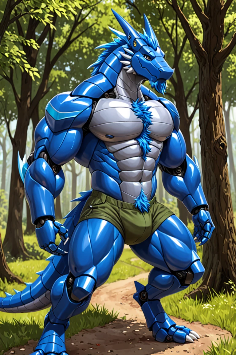 (best quality,4k,8k,highres,masterpiece:1.2),ultra-detailed,(realistic,photorealistic,photo-realistic:1.37),huge muscular furry dragon,long horns,sharp claws,bright blue scales,shirtless,red shorts,backpack,hiking attire,standing tall in a lush green forest,sunlight filtering through the dense foliage,casting dappled shadows on the ground,dust particles floating in the air,golden rays illuminating the dragon's strong and powerful physique,glistening sweat on its toned muscles,facial expression showcasing determination and confidence,an adventurous gleam in its eyes