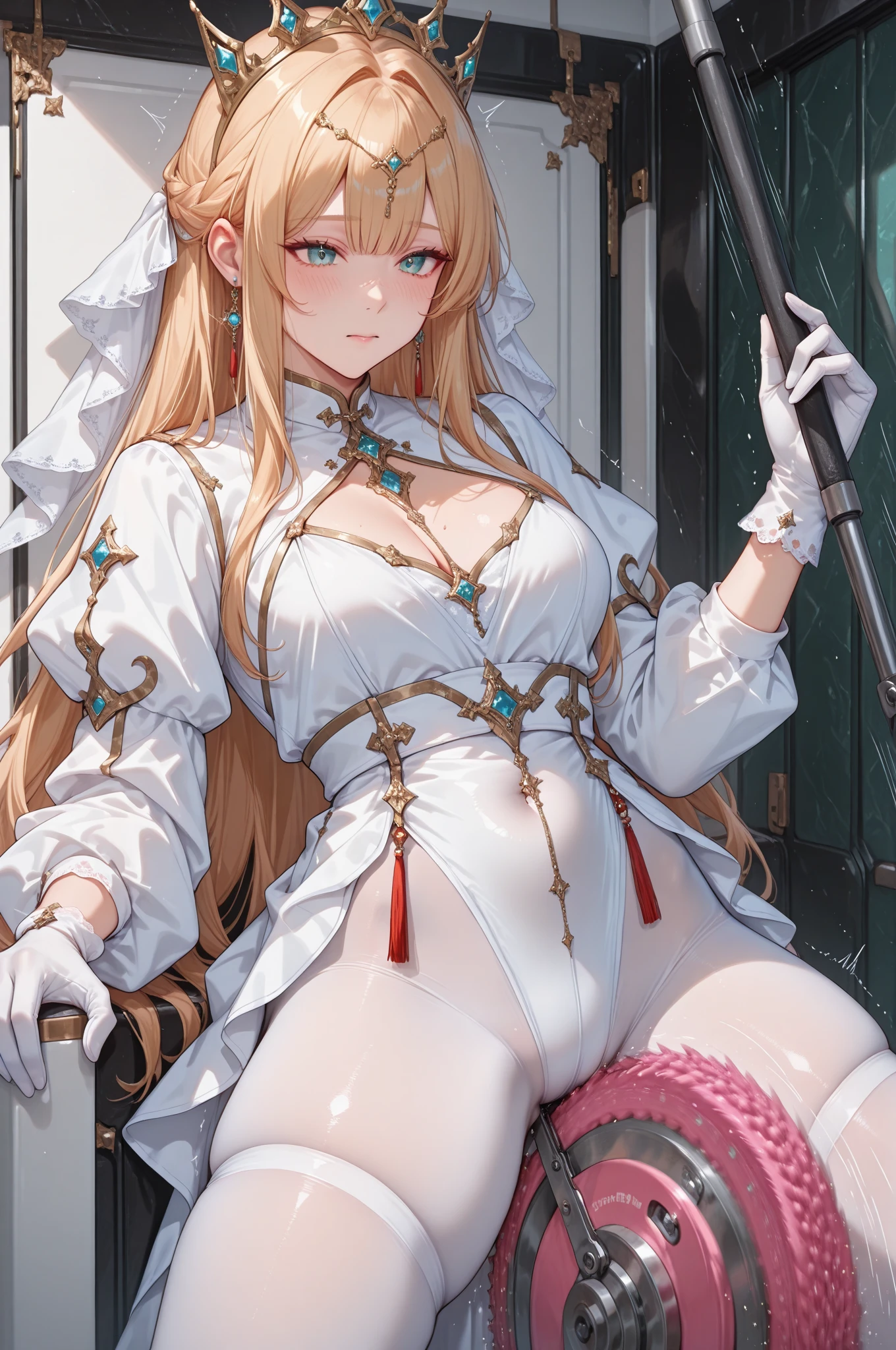 12k,Escalayer,long hair,hair_ornament,Red eyes,Pink Dress,White long gloves,thigh_boots, Embarrassing ,blush,,,((Wearing a torn, thin outfit))), sexy, white shiny big breasts, big cleavage, Excessive sweating all over the body, blush, Chest dimples, Tied up behind with rope, Leg spread, Spread your legs, Chained, big, hands Chained up, Chained, bondage, bondage, slave collars, Chain around neck, Dark fantasy, Leg spread, M-shaped Leg spread, Hands tied with ropes, Silver Chain, Leg spread, Spread your legs, Hanging by chains, Being pulled by chains, Spread your legs, big, It almost seems like it's overflowing from the costume., Constraints, Slavery, collar, Contempt, Chainmail bikini with a medieval background, tears,White panties,,masterpiece,Noise Reduction,Perfect Anatomy,High resolution, Very detailed,Game CG,Dutch Angle ,Beautiful attention to detail,Visual Arts,Five Fingers, Perfect hands, Perfect lighting,,Red eyes,(銀hair:1.4),Wicked Smile,(Inside the futuristic base:1.1)