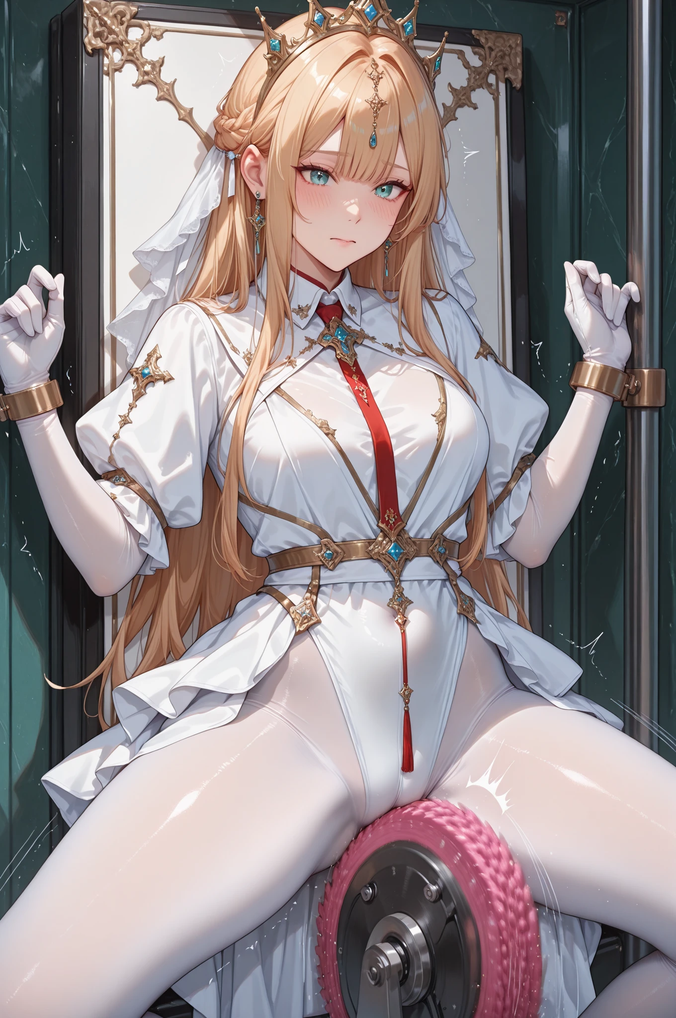 highest quality、Ultra-high resolution、Anatomically correct human body、Perfect human body、Clear lines、Two Arms、Two legs、((Five Fingers))、Delicate fingers、Low angle shot:1.5、((Showing panties:1.5))、((Light blonde hair:1.4))、((White sexy silk panties))、((Her tiny thong panties are tucked between her legs))、((Panties close up:1.4))、((Very large firm breasts:1.6))、((Gold sexy lingerie made from the finest silk:1.5))、((Close-up of open legs:1.5))、((Shiny light pink nipples:1.3))、Twin tails up to the waist、Delicate hair type、fluffyの髪、Curly Hair、Silk maid outfit、Maid clothes with wide open chest、White silk knee socks、A cute and beautiful face down to the last detail、(PurerosFace_v1:0.008)、eyeliner、blush、Embarrassing、Glare、 Glossy lips: 1.4, impatience、Panty Appeal、Panties close up:1.3、blush、Open your knees、Spread your legs、Disheveled clothes、Bright green eyes、Cute ribbon、Shiny gold leather high heels、Stiletto heels、transparent、Glowing White Skin、Sweaty chest、Bell earrings、Shining bright colors、Clear contours、Floral Hair Accessories、Small white gloves made of thin silk、stylish、kind、soft、High-end furniture、stylishな編み込み髪、Scrunchies on the wrist、Ribbon with bell around neck、Big eyes、Silky smooth texture、Color unification、Luxurious canopy bed、garter belt、Droopy eyes、Light blush on the cheeks、Put one hand over your mouth、Midday sunlight filtering through lace curtains、Bright interior、happiness、はっきりとしたBig eyes、Bright expression、M-shaped foot、Arabic style columns、Tilt your head、Laugh gently、非常にDelicate fingers先、Detailed and vibrantly colored floral wallpaper、Tea set、A small gold watch on one wrist、The leather corsets、Eyes that shine like jewels、Symmetry in clothing and accessories、fluffy、Finest Silk、attractive appearance、Plaid、明るいピンクColor unification感、Emphasizing the depth of the human body、Sharp camera angles、See-through、フリルの付いたfluffyの可愛い白いエプロン、