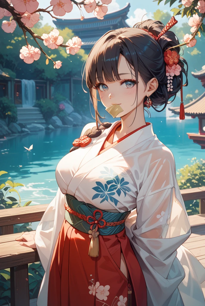 (Big Tits,valley,Plump,Saggy breasts,Rocket Breasts,Big Breasts),sexy,whole body,(Long Hair,Black Hair,Straight bangs,Straight Hair),Breast bag,(Shrine maiden,Priesthood,Shrine maiden服,Shrine maiden装束,Scarlet hakama,No sleeve),Religious Ceremony,ceremony,shrine,Tree Eyes,Worried brow,Shyness,Beauty,transformation,Dirty pervert,Wet and see-through,Big Butt,barefoot,Thigh,Plump,Soaking wet,slimy,Nipples,Puffy nipples,Acme,???????,Agony,rope,Bite,注連rope,talisman,crowd,audience,Public scrutiny
