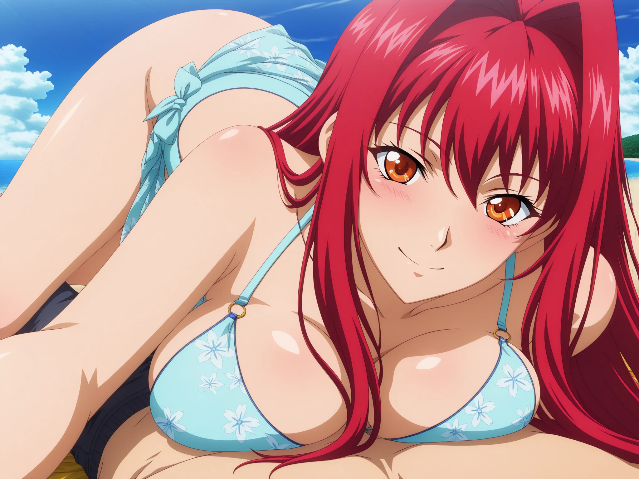 On the beach you see a 20-year-old girl approaching you, tiene bikini rojo, ojos azules y pelo amarillo, salta sobre ti y queda como perrito encima tullo, te das cuenta del pecho tan grande que tiene y que su bikini no cubre casi nada, la chica se sonroja y se apena, en eso, una pelota cae encima de la chica, haciendo que la parte superior de su bikini se desabroche y se sonroje todavia mas