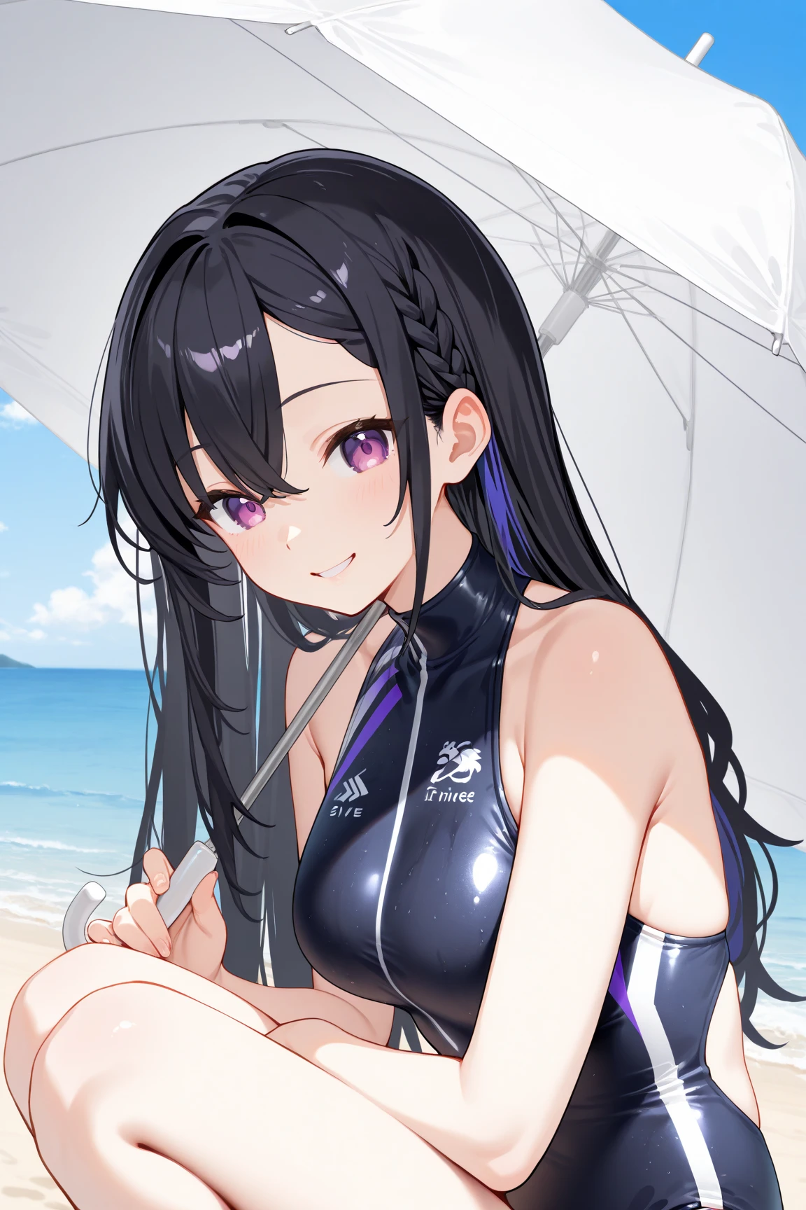 32k, best quality, ultra high res, HDR, UHD, extremely detailed CG, unity 32k wallpaper, very cute, 16-year-old girl, 1 person, Purple eyes, (Black competitive swimsuit), Beach, Long black hair, (medium breasts), Embarrassing, smile, 
