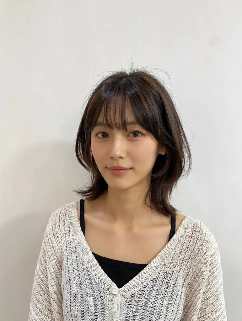 (Highly realistic photos, High resolution, detailed face, fine eyes), ((Taken in front of a white wall))、japanese woman, 40 years old, various expressions, alone:1, slim figure, different hairstyles, casual clothes, Only one person appears in the photo、long sleeve dress、Photographed in natural light、simple necklace、spring clothes、don't look at the camera、profile、dark brown hair color、bob hair、Hands are not visible