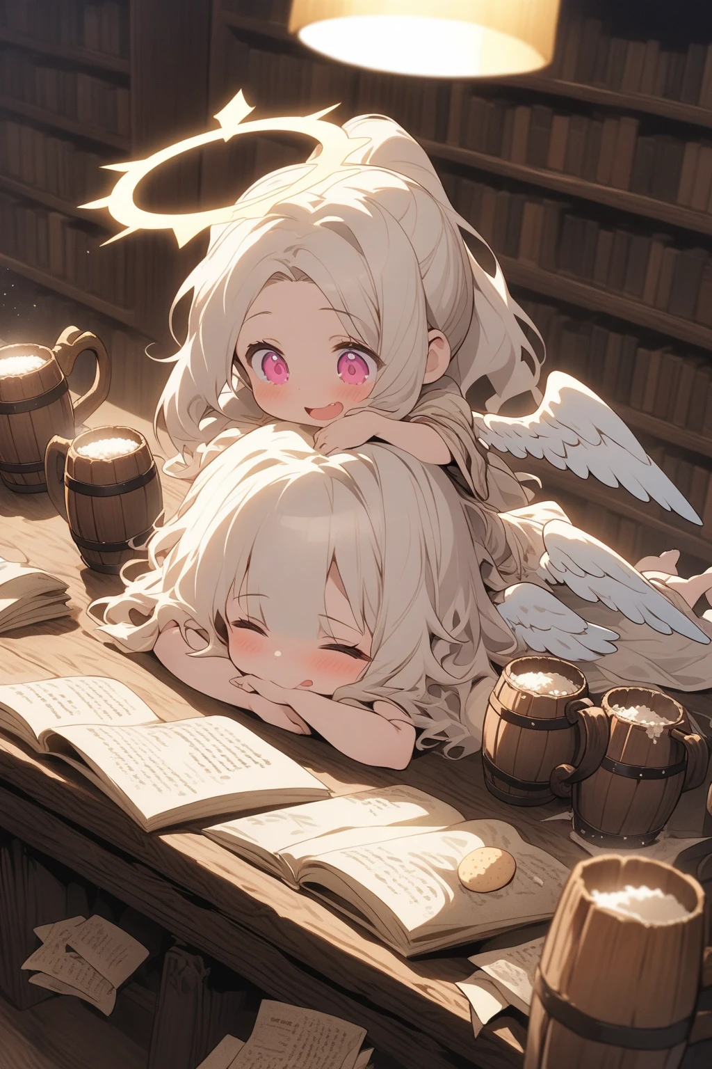 Beautiful angel with calm and relaxed attitude, Adorned with enchanting eyes, Flowing hair shining with ethereal light. The image is、It is necessary to capture the graceful presence of the angel and the aura of divinity that surrounds her. Two smiling angels sitting on the sofa, Crazy about stretching your legs and reading a book. The composition should draw a side view, Angels look at viewers with warmth and joy.