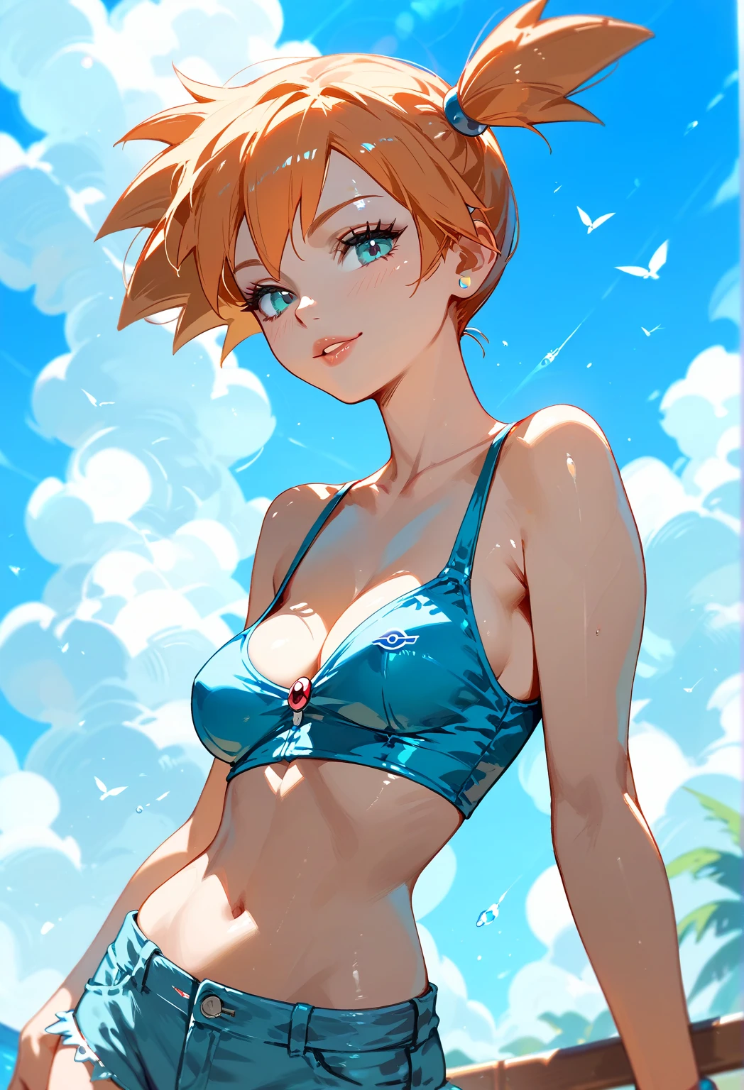Highest quality, Anatomically correct、A healthy 20-year-old woman、Pixie Cut:1.5、Super Shortcuts:1.5、Tight waist、Short legs、flashy、Vivid、Exciting、Blue and orange super short bikini skirt:1.5、I can see her orange panties:1.5,Bright smile