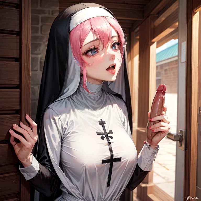  Nun, (Ela tem grandes Ojos azuis brilhantes), (skin fair), (realisic skin), (Glossy and pink lips), (white eyes), (((long straight blond hair))), (Dark shadows compose), ((Very Huge Tits, Pink )), (thick-thighs), (Perfect Slim body), , ((Posing sexy in the Woods )), (master part, High definition, Volumetric lights and dynamic shadowaster part)), (8K), (face perfect), (ultra details) (perfect hands, Ojo, and face), ((sorriso sexy)), (((gigantic breasts))),((nude)), (((blowjob)), from below,