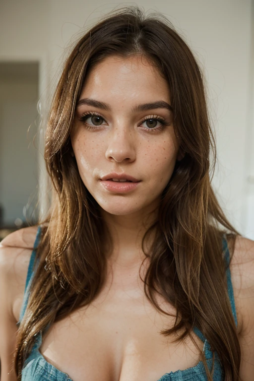 A photorealistic portrait of a 20-year-old Caucasian, girl, brunette hair, highly detailed face and beautiful clear blue eyes, big natural , long hair, she is gym, bending over, seductive smirk