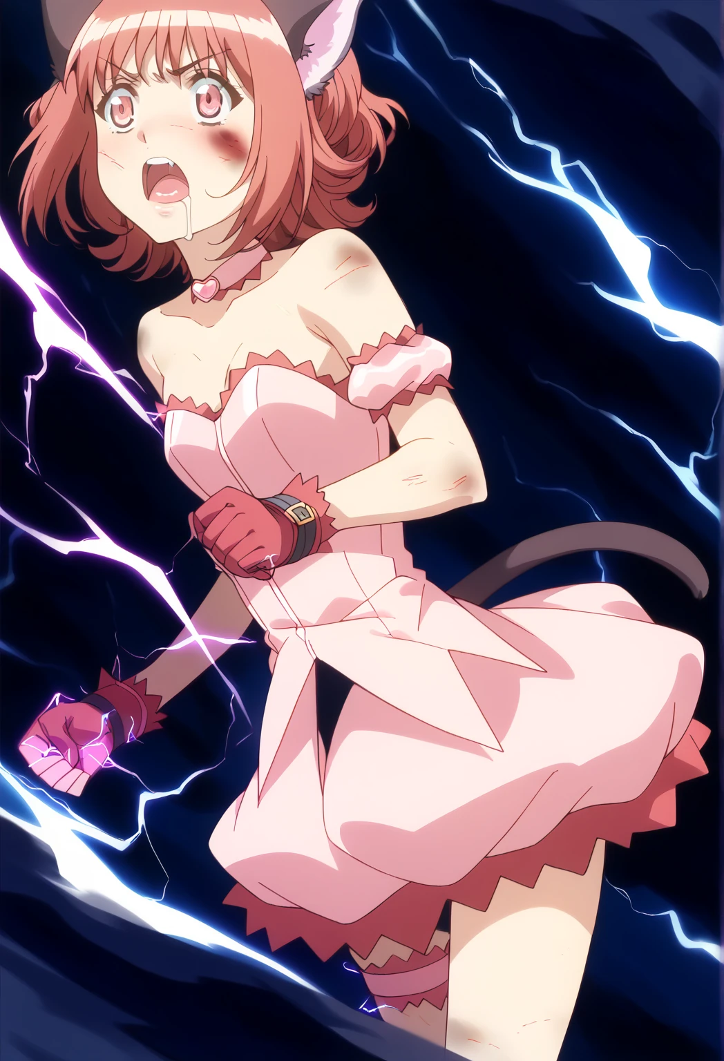 masterpiece,best quality,highly detailed,1girl,solo,
constricted pupils,struggling,open mouth,screaming,glowing eyes,
<lora:BerserkTransformation:0.75>,tears,torn clothes,blood,shiny,glowing,electricity,sparkle,dynamic pose,glowing skin,explosion,explosive torn clothes,glowing bodypaint,arms up, armpits,
<lora:momomiya_ichigo_v2:0.4>,blush,bow,cat girl,cat tail,choker,cleavage,detached sleeves,dress,gloves,large breasts,magical girl,mi1,pink choker,pink dress,puffy detached sleeves,puffy sleeves,red gloves,ribbon,tail,tail bell,tail bow,tail ornament,pink hair,