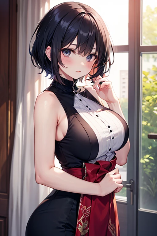 masterpiece, best quality, 1girl, solo, <lora:sarashina_ruka_v10:1>, sarashina ruka, black hair, short hair, blue eyes, hair ribbon, hairband, hair bow, bangs, large breasts, smile