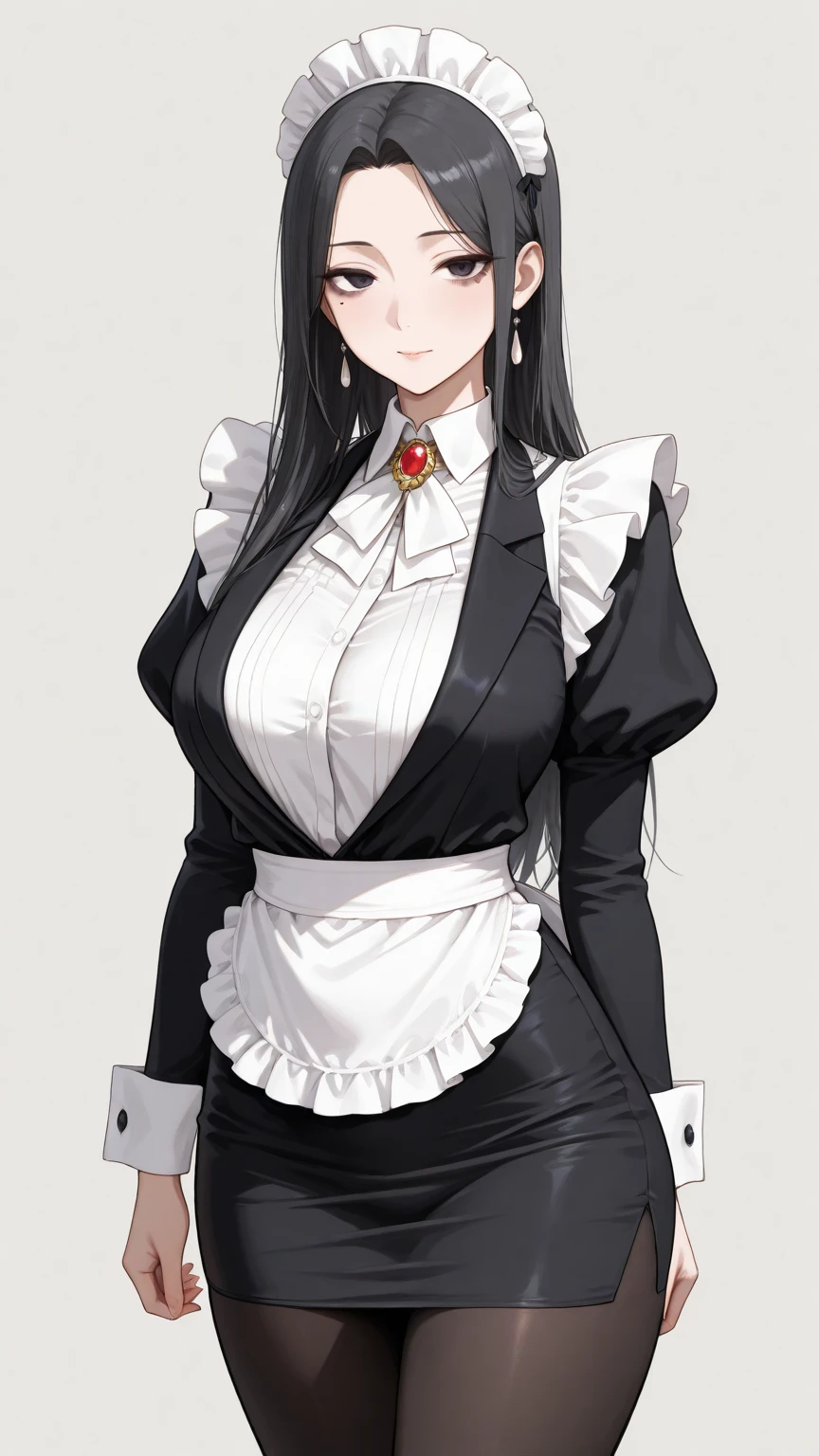 {{masterpiece}},high quality, 4K, 2D, 1 girl,{simple gray background},(attractive mature lady:1.6),milf,standing,sagging breasts,(gigantic breasts:1.5),maid,front face,{{tareme}},attractive mature lady,black hair, {from right in front of face and body},View viewers from front,{front facing shot},Wear glasses,(serious:0.1)